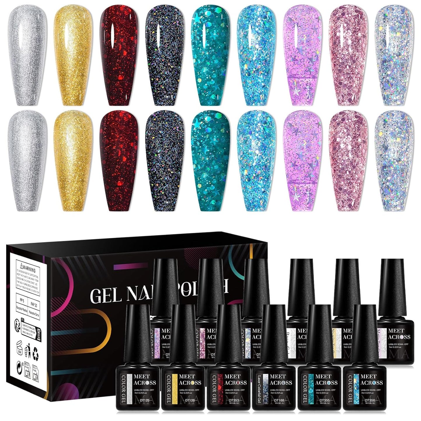 MEET ACROSS 9 Colors Gel Nail Polish + 3PCS Function Gel Nail Polish Kit,Fashion Nail Art Set Design Gifts for Women Manicure Salon (SET12, 12pcs)