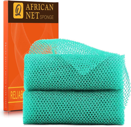 UJFQBH 2 Pieces African Bath Sponge African Net Long Net Bath Sponge Exfoliating Shower Body Scrubber Back Scrubber Skin Smoother,Great for Daily Use (Green)