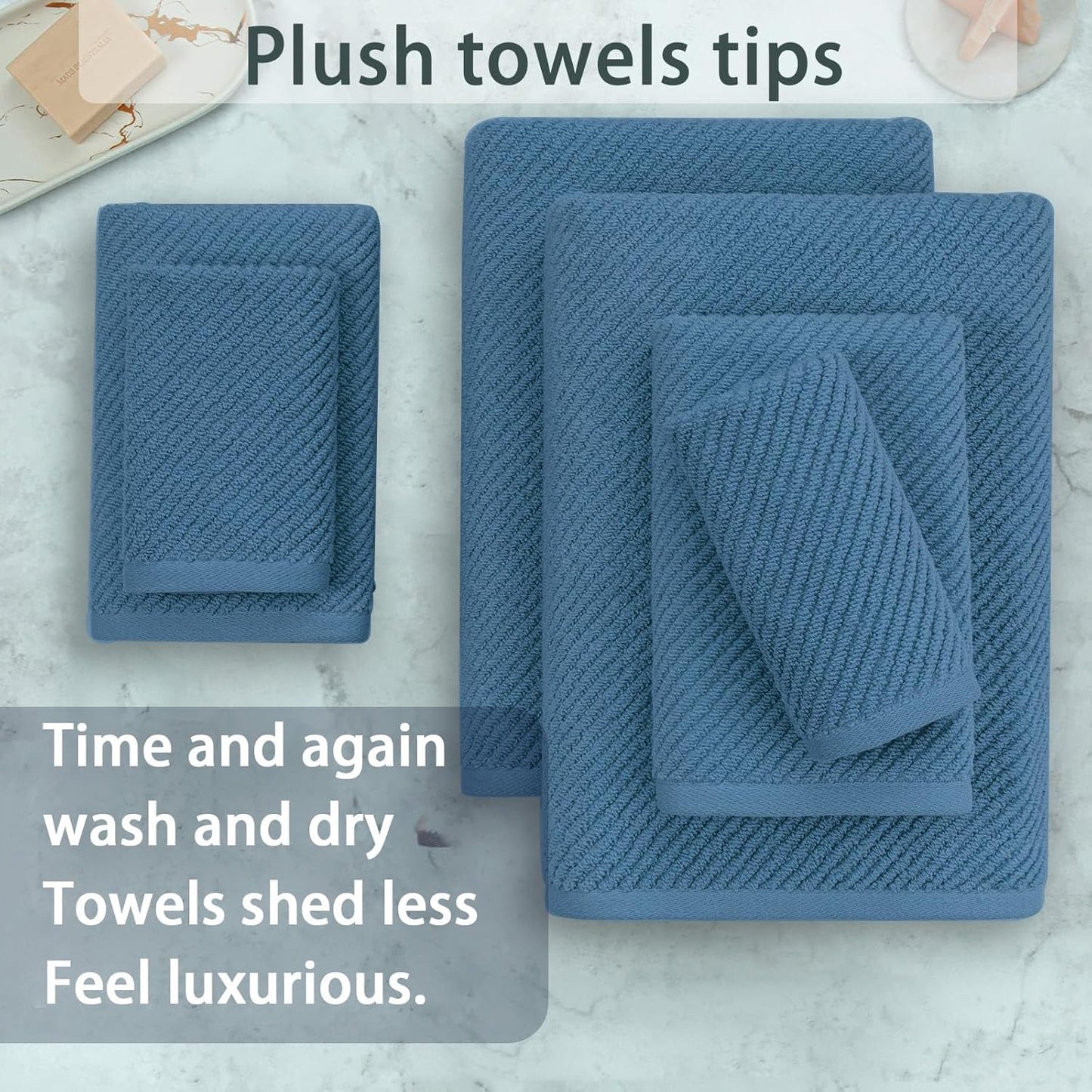VOOVA & MOVAS Blue Towels Bathroom Sets, 100% Cotton | Lightweight | Soft | Quick Dry | Thick, Towel Set of 6, 2 Large Bath 30"x56", 2 Hand 18"x28", 2 Wash Cloths 13"x13", Denim Blue Towel Gift