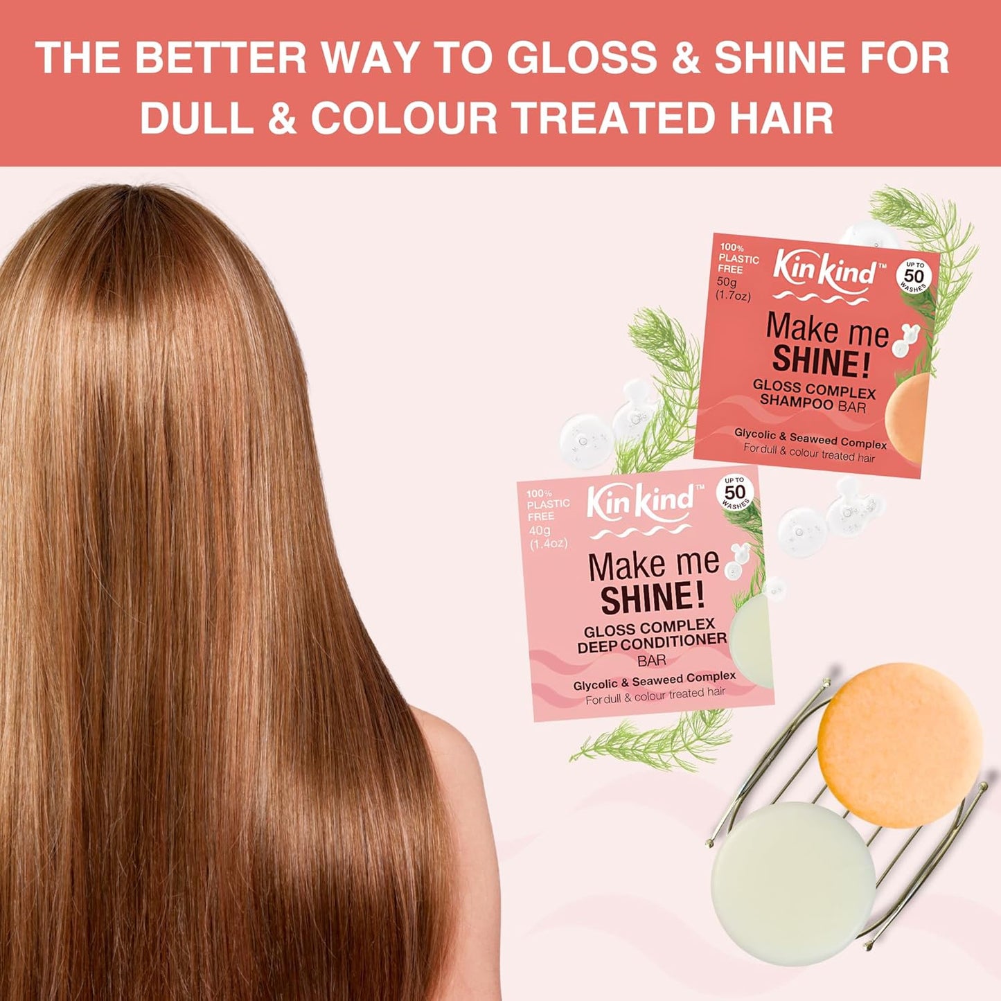 KinKind Hair Gloss Shampoo and Conditioner Bar Set. Make me SHINE! Glycolic Acid & Seaweed Shampoo Bar and Conditioner with Glycolic Gloss Complex for Dull & Coloured Hair. Vegan, UK made