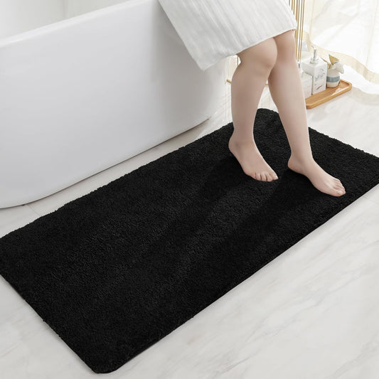 COSY HOMEER Bathroom Rugs Mat 24”x48” Absorbent Non-Slip Bath Mat Plush Shaggy Machine Washable Bath Rugs Soft Polyester Bath Mats for Bathroom Floor,Tub and Shower,Black