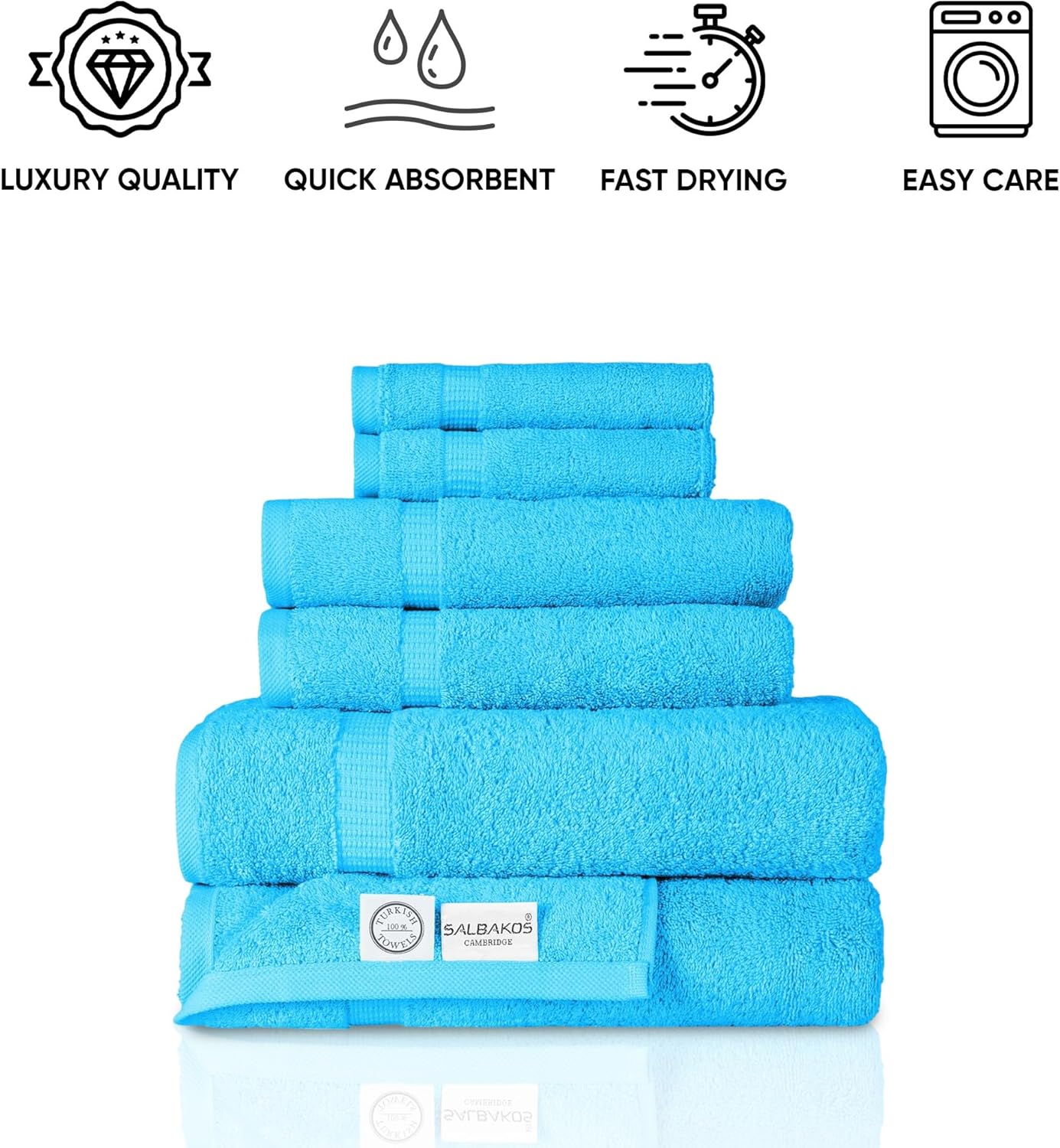 SALBAKOS 100% Turkish Cotton 6-Piece Towel Set | Heirloom Quality Hotel & Spa Collection | Soft, Super Absorbent 2 Washcloth, 2 Hand, 2 Bath Towel Sets | Made in Turkey (Aqua, 6 Piece Towel Set)
