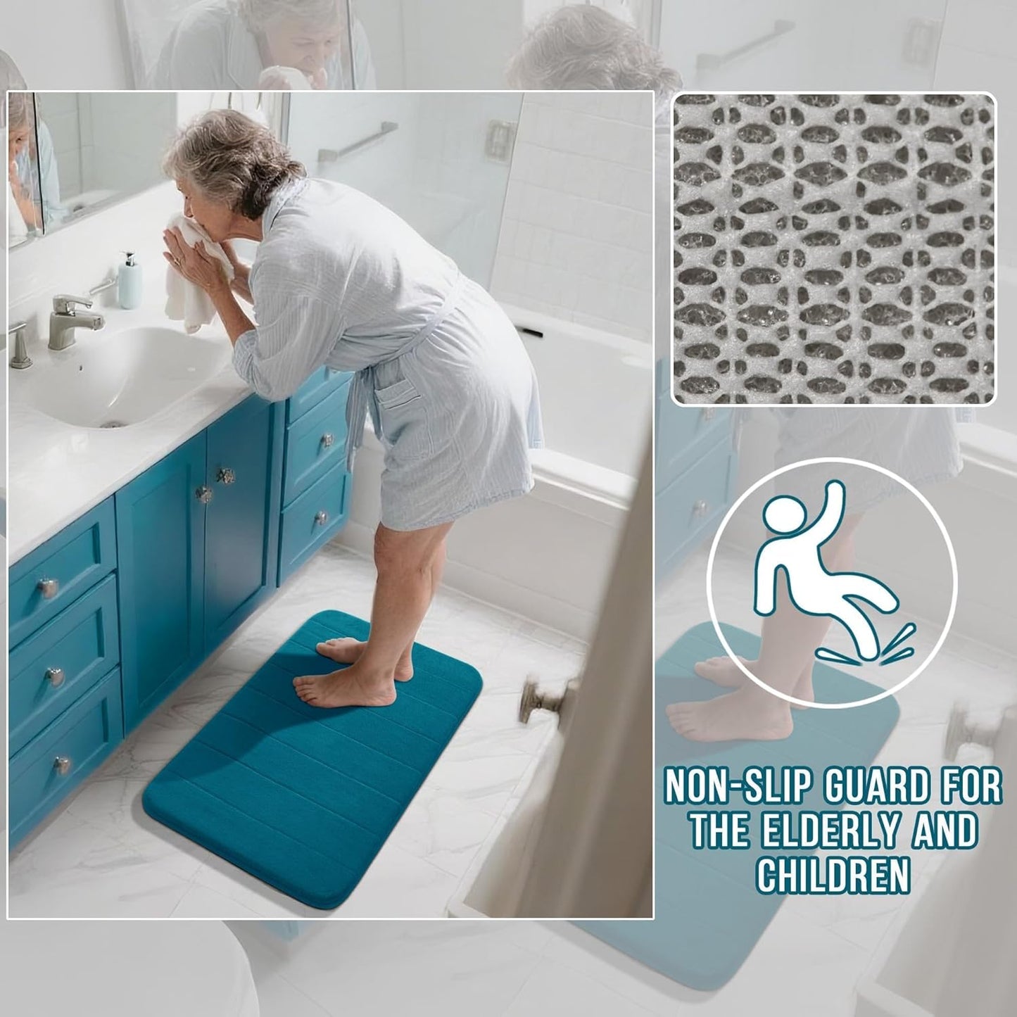 Yimobra Long Bath Mat 44"x24", Super Soft Quick Dry Memory Foam Bathroom Rug, Water Absorbent, Non Slip Backing Machine Washable for Tub Shower, Thick Comfort Support, Peacock Blue