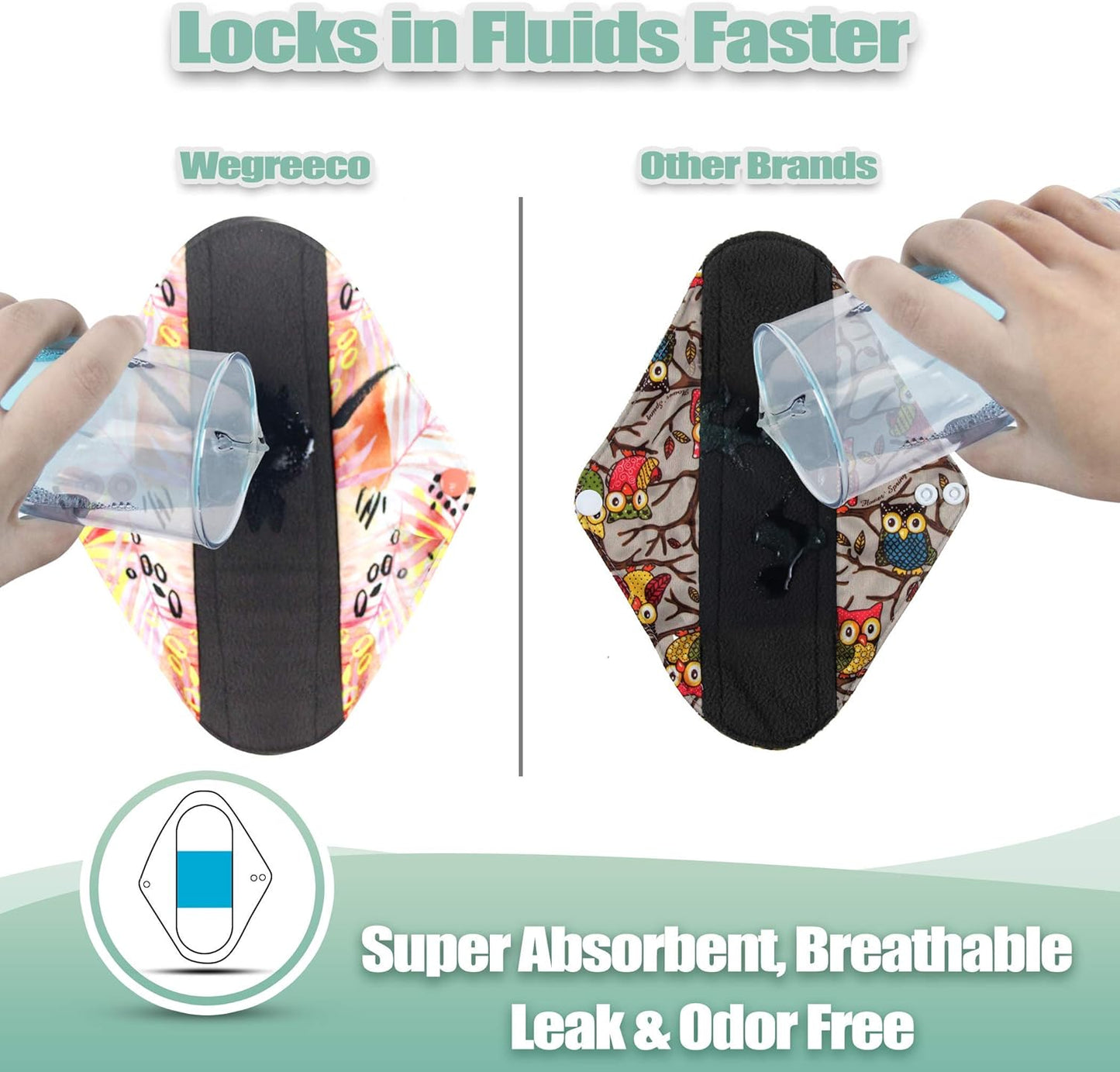 wegreeco Reusable Menstrual Pads - Reusable Sanitary Pads | Reusable Panty Liners | Soft Cloth Menstrual - 6 Pack with 1 Cloth Mini Wet Bag (Medium, Leaves