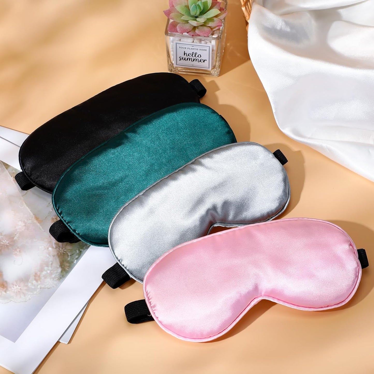 BBTO 4 Pcs Silk Sleep Eye Masks Smooth Soft Satin Eye Covers with Adjustable Strap Blindfold for Sleeping Blocking Out Lights Travel Relaxation (Black, Grey, Dark Green, Pink)