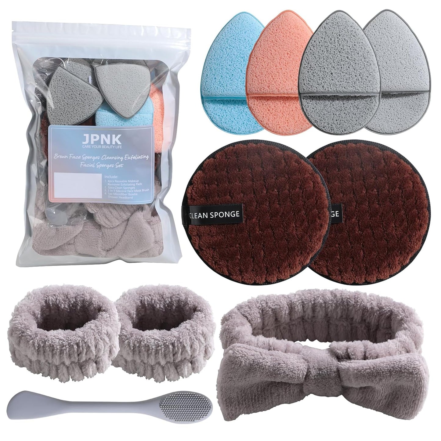 JPNK Face Sponges Cleansing Exfoliating Facial Sponges for Facial Mask Tools Removing and Makeup Remover Pads Set (Brown)