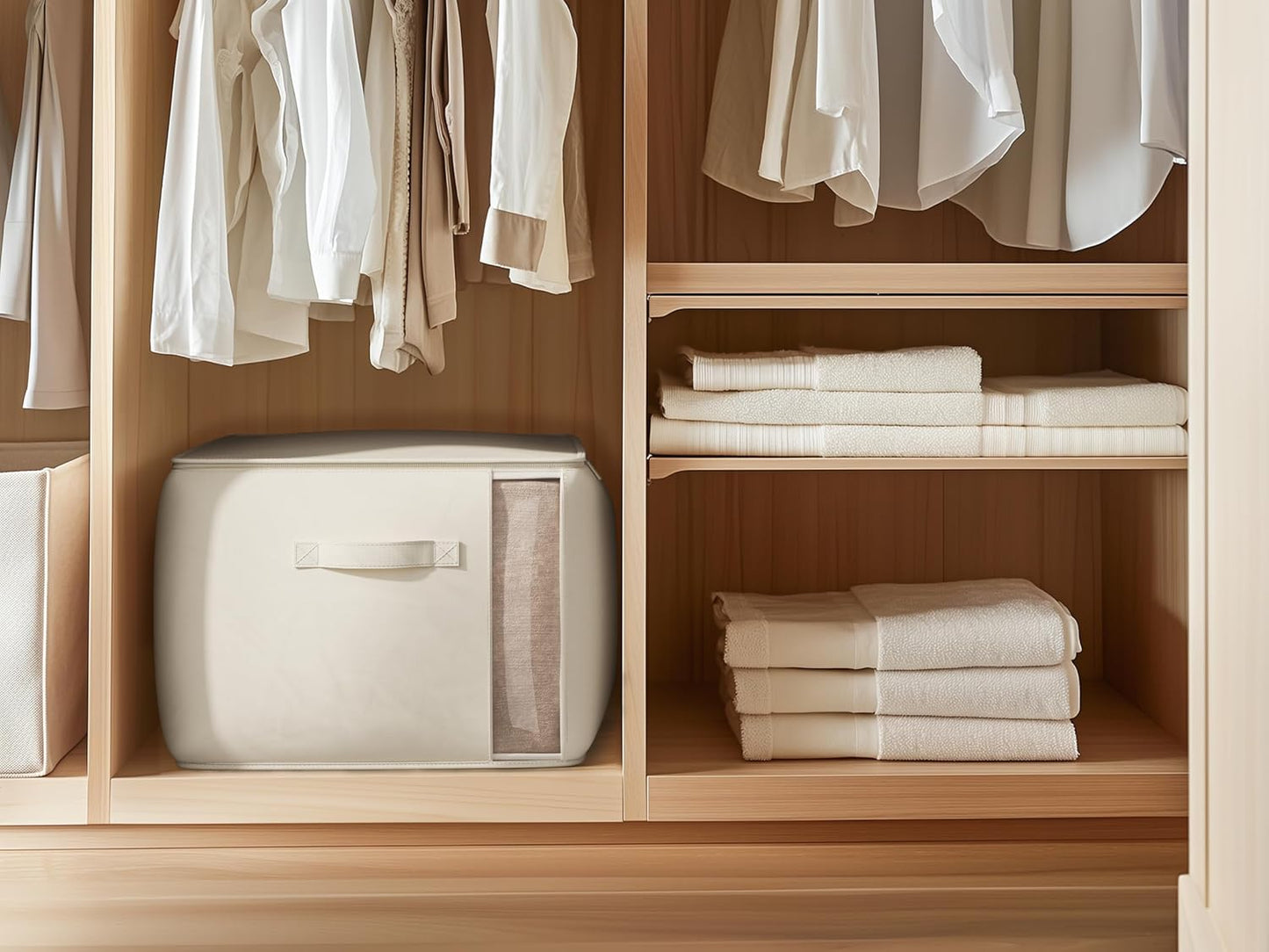 Large Canvas Clothes Storage Bags with Thick Handles and Clear Window, Foldable Cotton Linen Underbed Closet Organizer for Clothing, Blankets and Bedding, 60L, 6 Pack, Beige