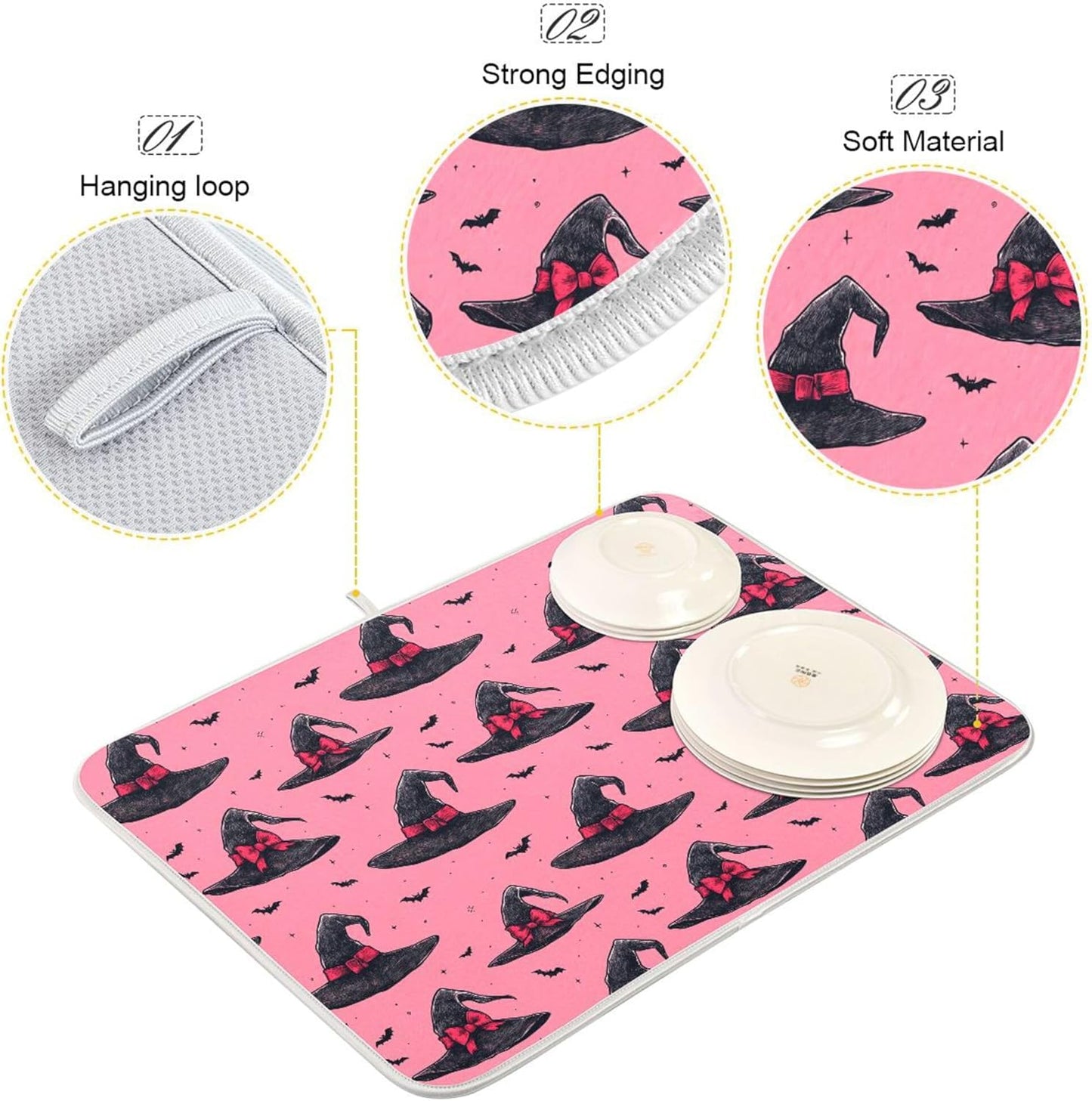 Witch Bow Hot Pink Dish Drying Mat for Kitchen Countertop 16x18 Halloween Bowknot Bat Small Drying Mat Reusable Quick Dry Dish Sink Mats Easy Clean Decorative Essentials