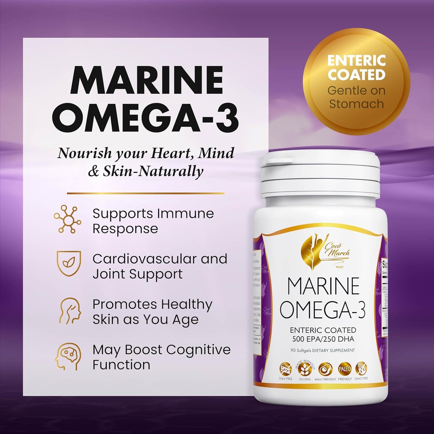 Cocó March N.M.D Marine Omega-3 - HIGH Potency 500 mg EPA / 250 mg DHA Enteric Coated, No Fishy Aftertaste, Gluten Free, Dairy Free, Paleo Friendly, Keto Friendly, GMO Free - 3 Months Supply