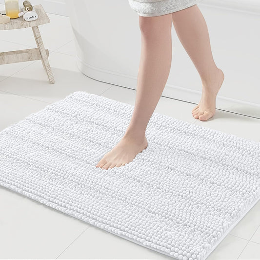 Grandaily Chenille Striped Bathroom Rugs 36x24, Extra Thick and Absorbent Bath Mats, Non-Slip Soft Plush Shaggy Shower Carpet, Machine Wash Dry, Bath Rug for Bathroom, (Large, White)