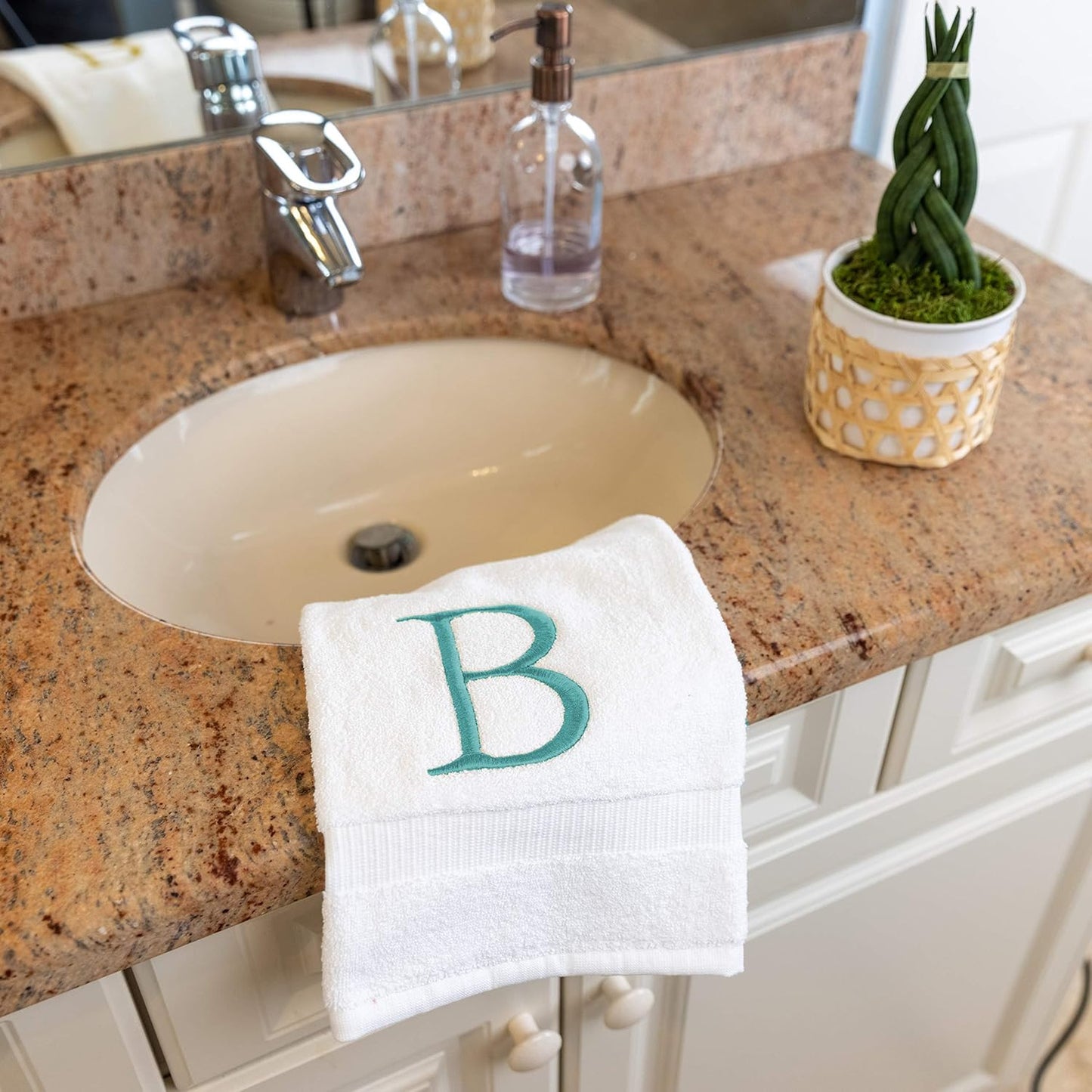 Teal and White Bathroom Hand Towel - Monogrammed Luxury Hotel Quality Decorative Embroidered Towel for Powder Room, Spa - GOTS Organic Certified - Set of 2 Letter B