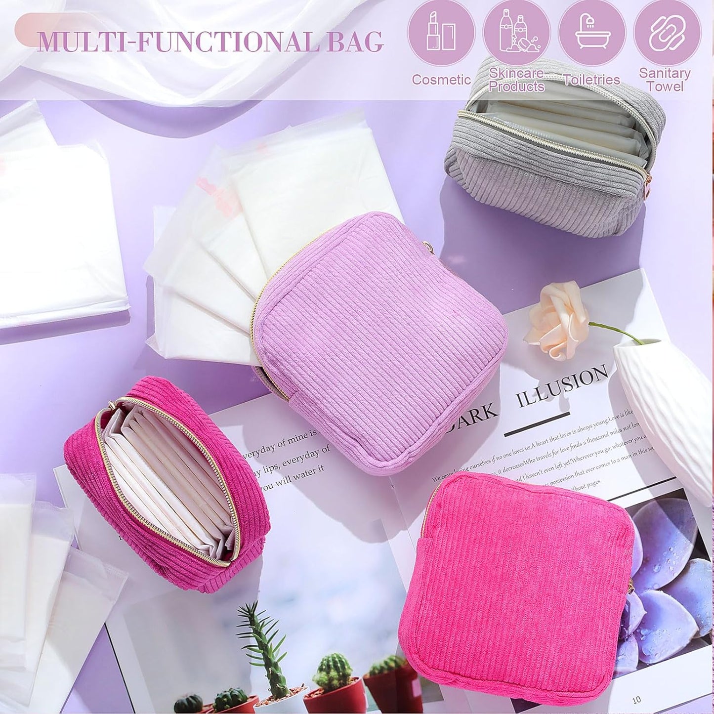 4 Pcs Sanitary Napkin Storage Bag Corduroy Period Bag for School Teen Mini Makeup Preppy Cosmetic Wallet Set for Women Portable First Period Cute Pad Pouch with Zipper (Purple Grey Series)