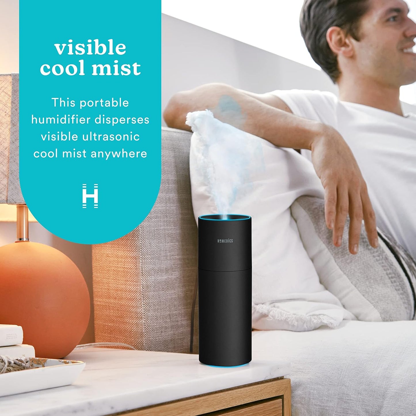 Homedics Portable Humidifier - Small Air Humidifiers for Bedroom, Plants, Office, Travel - Cool Mist Humidifiers, Color-Changing Accent Light, 2 Mist Settings, Black