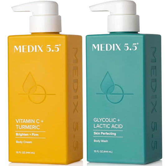 Medix 5.5 Exfoliating AHA Glycolic Acid Face & Body Wash Cleanser + Vitamin C Moisturizing Body Cream Lotion Skin Care 2PC Set | Alpha Hydroxy Acid & Lactic Acid Foaming Face Wash, 2-PC