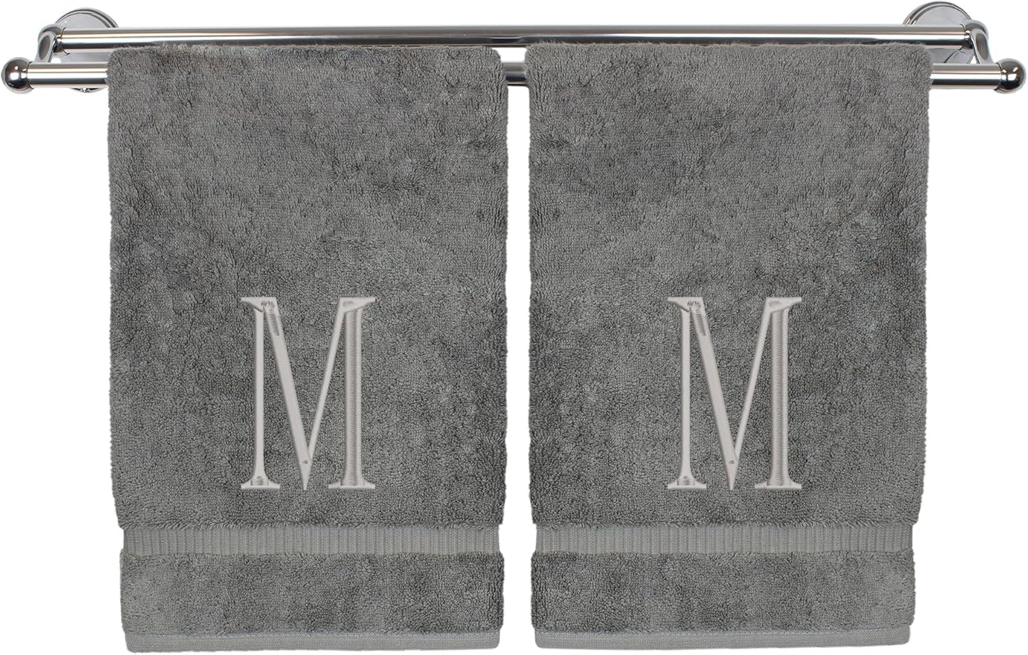 Monogrammed Hand Towel, Personalized Initial Gift, Extra Absorbent 100% Turkish Cotton - Soft Terry Finish - Set of 2 - Silver Block Initial M - Embroidered on Grey Towels
