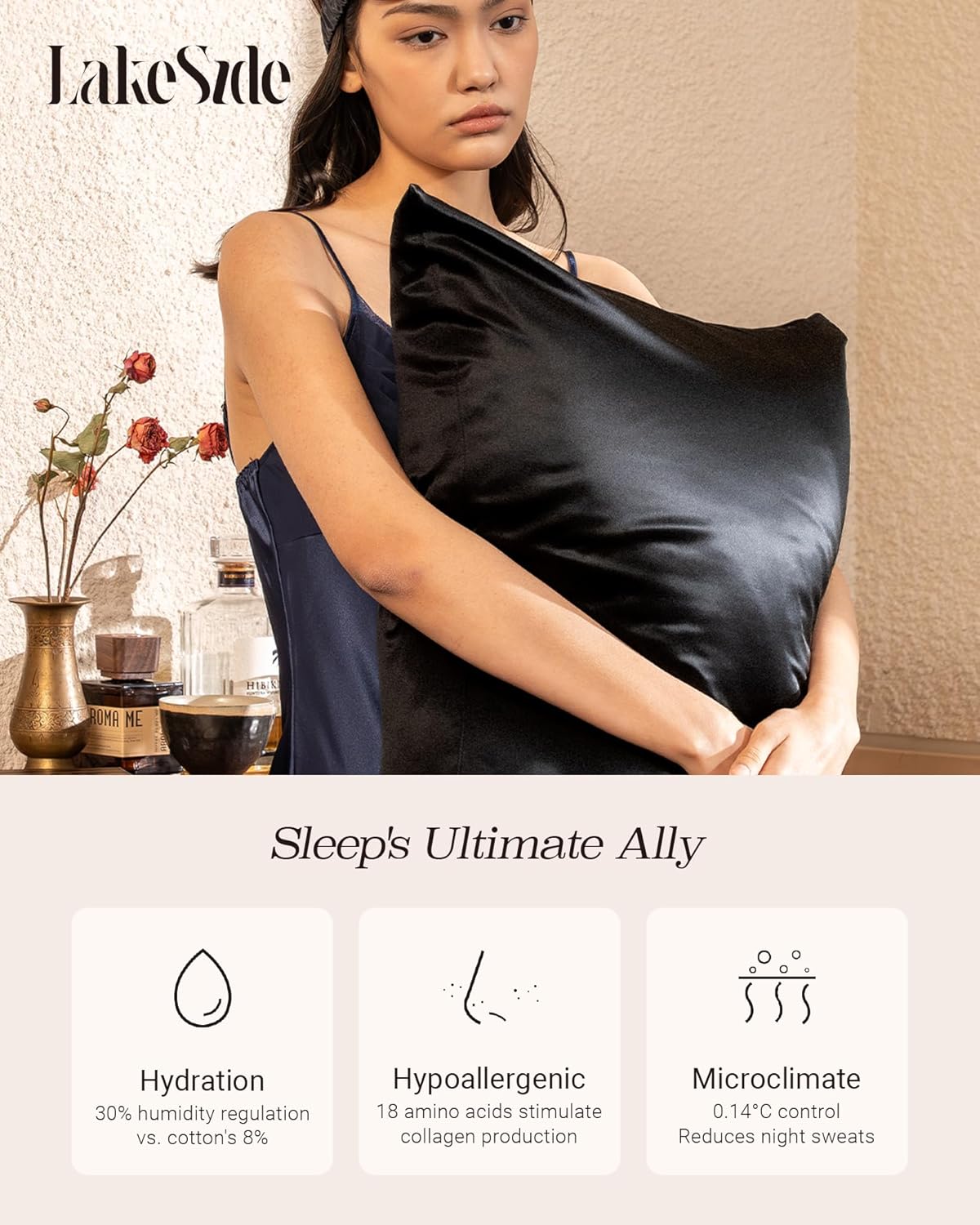 Oriental Lakeside® 100% Pure 22 Momme Mulberry Silk Pillowcase with Hidden Zipper - Nighttime Skincare & Hair Care Hydrating Pillow Cover