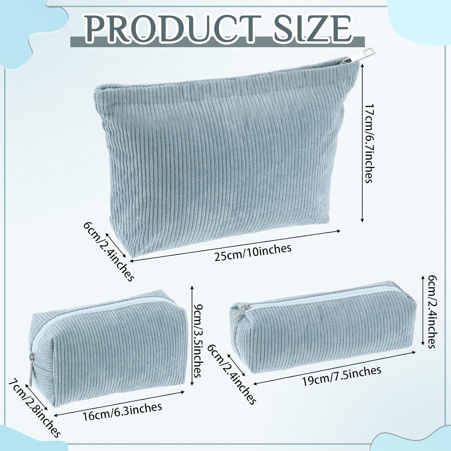3 Pcs Makeup Bag Set for Women Corduroy Cosmetic Pouch Aesthetic Smile Travel Toiletry Bag Cute Purse Pouch Pencil Case Makeup Brushes Storage Organizer for Christmas(Blue,Solid Style)