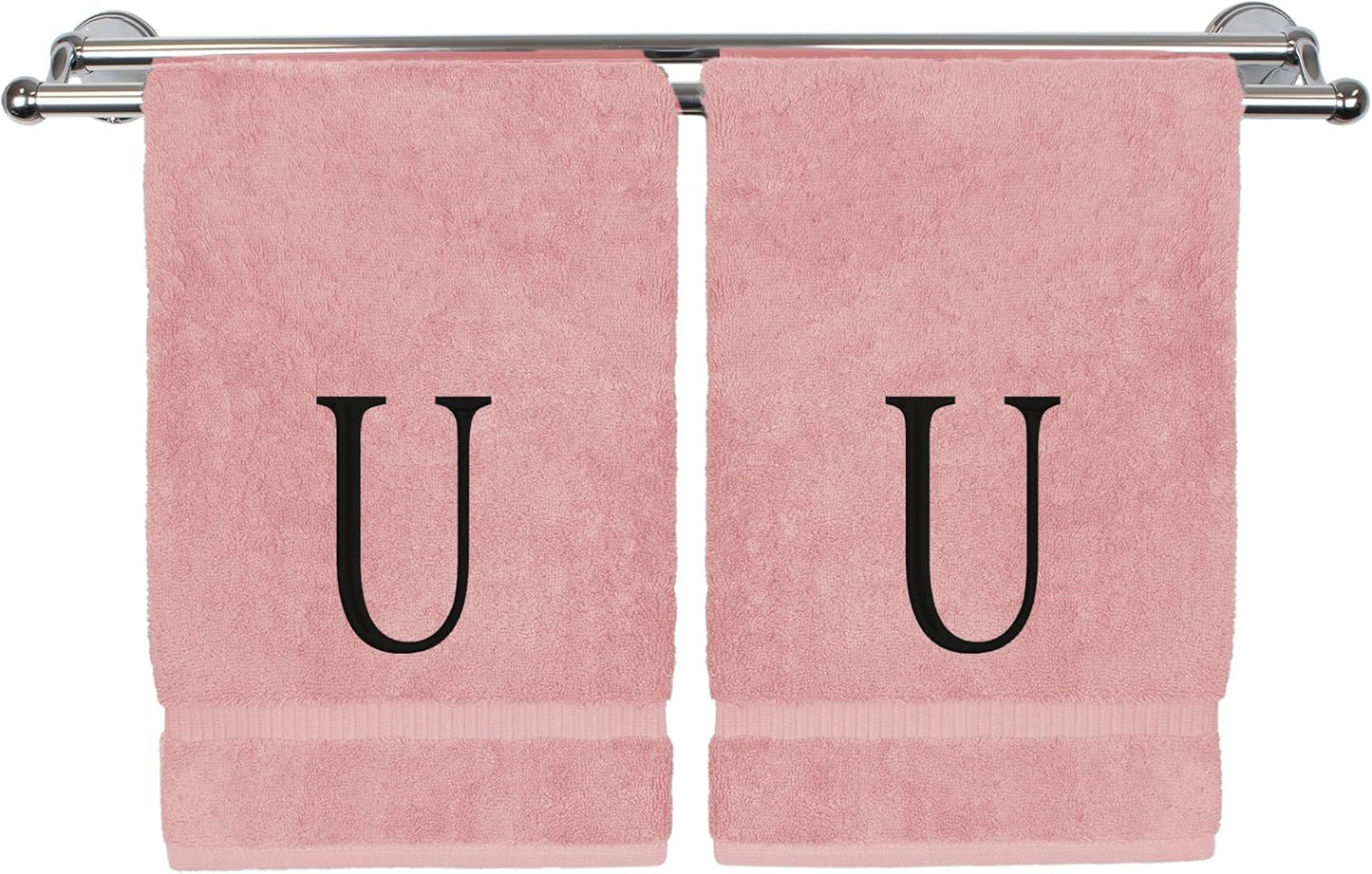 Monogrammed Hand Towel, Personalized Initial Gift, Extra Absorbent 100% Turkish Cotton - Soft Terry Finish - Set of 2 - Black Block Initial U - Embroidered on Pink Towels