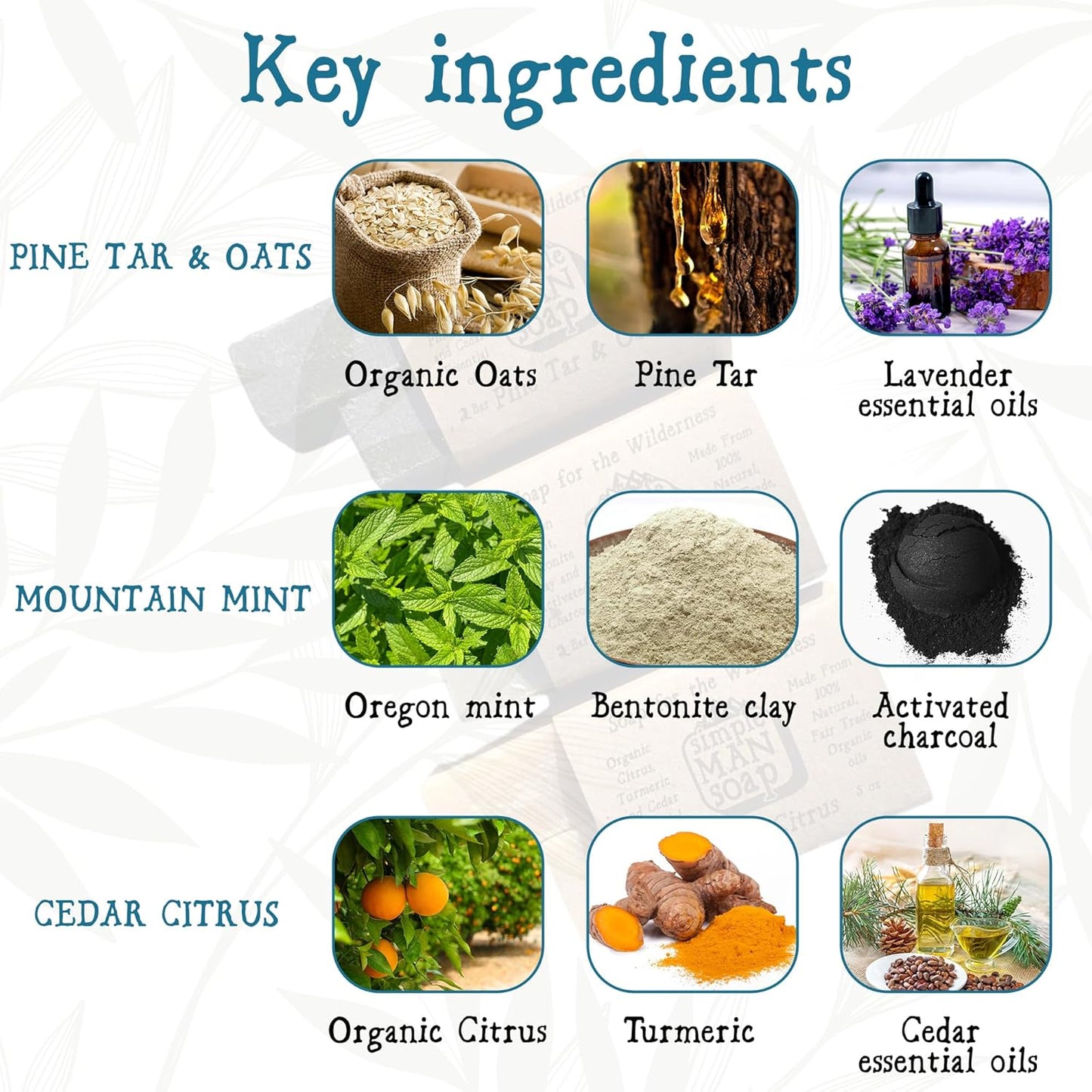 SimpleMan Soap Bar MIX(Pine Tar/Cedar Citrus/Mint)Men’s soap with Organic & Fair Trade Essential Oils-All Natural, Handmade Man Bath Soap Bars-Pack of Six 2.5 Ounce bars(15 Ounces Total)