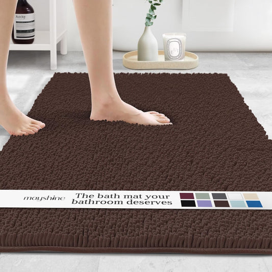 MAYSHINE Plush Shaggy Chenille Bath Mat | Extra Soft, Super Absorbent, Non-Slip Bathroom Rug | Fluffy Microfiber, Area Rug Sets for Bathroom Floor, Kitchen, Living Room | 47"x27" | Brown
