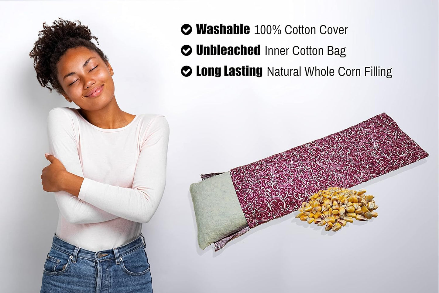 Microwavable Corn Filled Heating Pad and Cold Pack/Washable 100% Cotton Cover (Breezy - Raspberry, 5.25in W x 17.25in L)