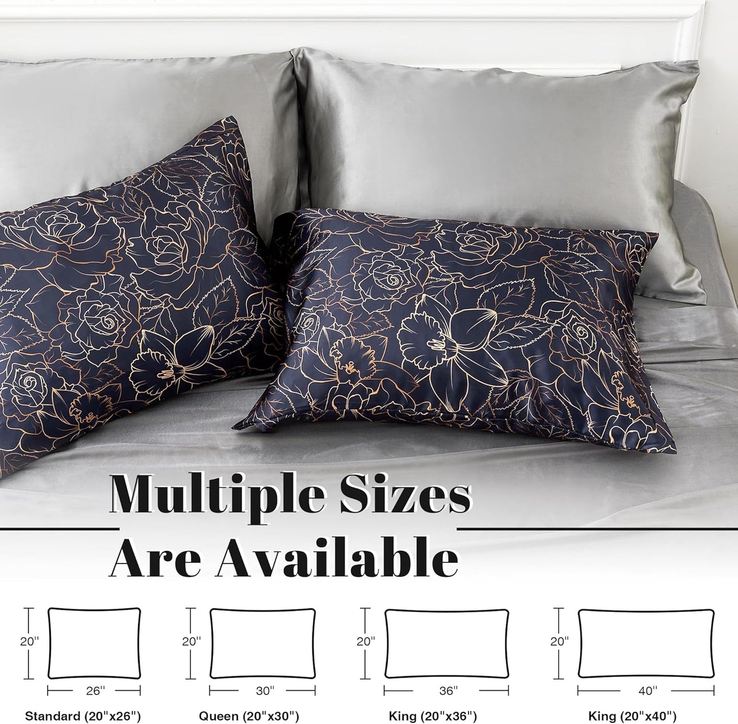 EXQ Home Satin Pillowcase for Hair and Skin- Rose on Blue Silk Pillowcase 2 Pack 20x26 inches - Standard Size Pillow Cases with Envelope Closure, Gifts for Women