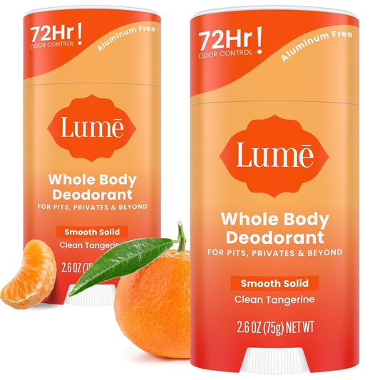 Lume Whole Body Deodorant - Smooth Solid Stick - 72 Hour Odor Control - Aluminum Free, Baking Soda Free and Skin Safe - 2.6 Ounce (Pack of 2) (Clean Tangerine)