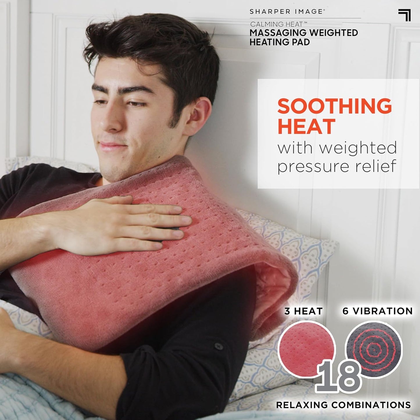 Calming Heat Massaging Weighted Heating Pad by Sharper Image- Weighted Electric Heating Pad with Massaging Vibrations, 9 Settings- 3 Heat, 6 Massage- 18 Relaxing Combinations, 12” x 24”, 4 lbs