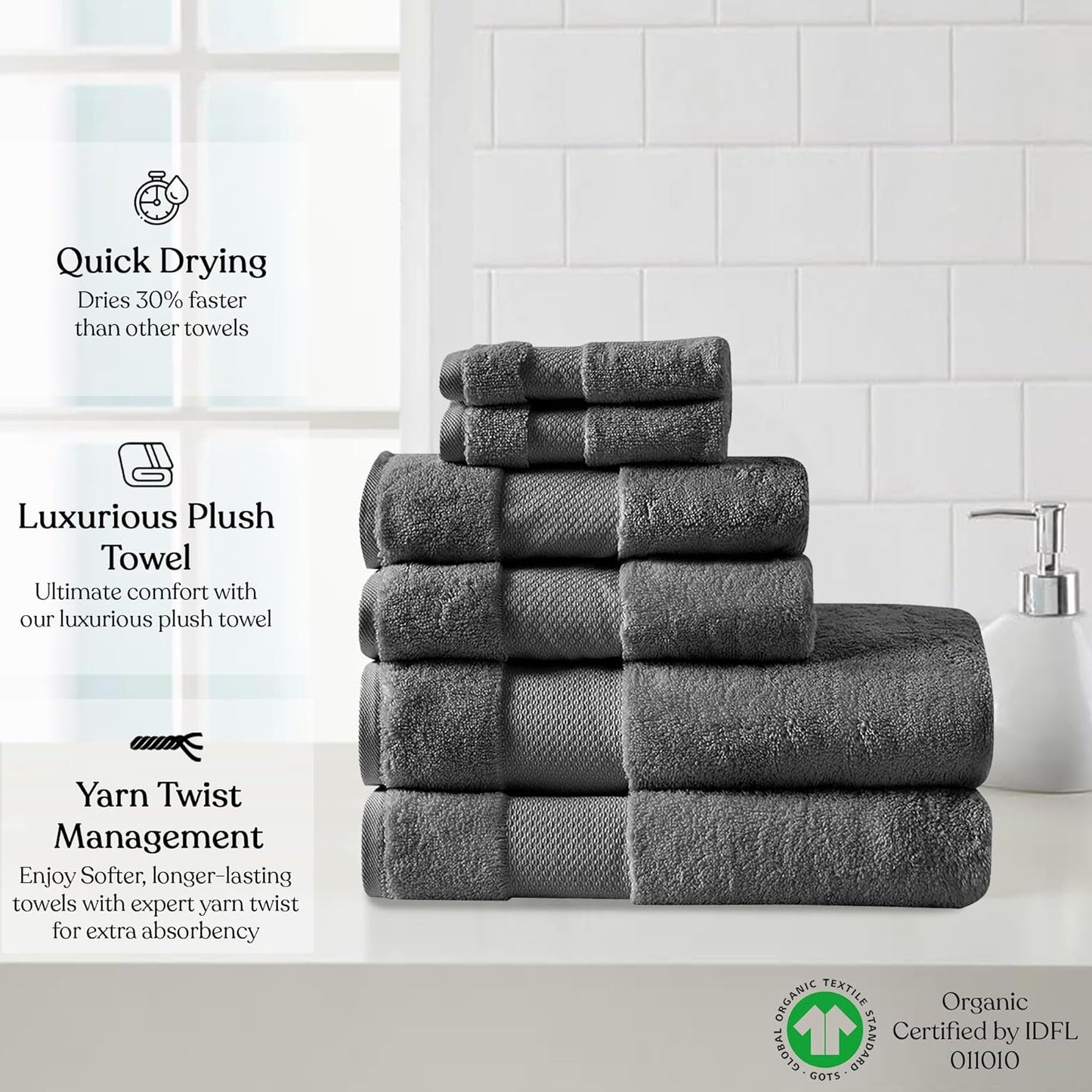 Delara 100% Organic Cotton Towels 650 GSM Plush Feather Touch Quick Dry Towel, 6-Piece Towel Set GOTS Certified, Oeko-Tex Green Certified, 1 Bath Towel, 1 Bath Sheet, 2 Hand Towels & 2 Wash Cloths