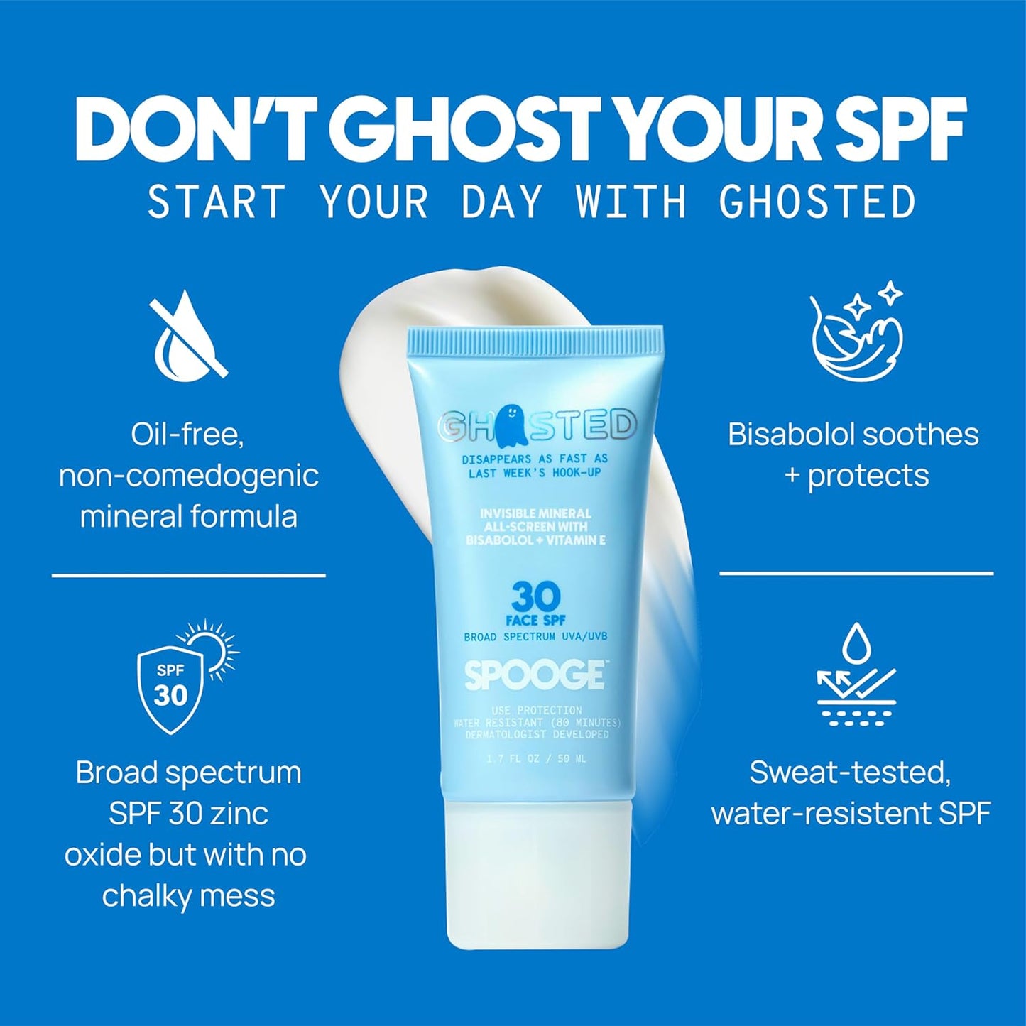 Ghosted Mineral All-Screen - Oil-Free SPF 30 Face Sunscreen - Dermatologist Developed with Cloud Feel Bisabolol for Daily All-Weather Care - Reef Safe, Water-Resistant, Blends Into Skin (1.7oz)