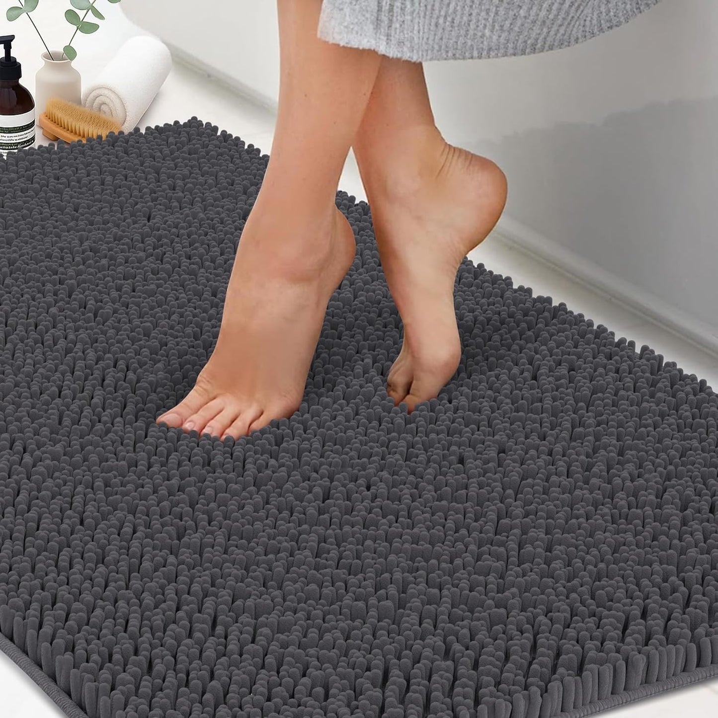 ITSOFT Plush Bathroom Rug 47x21, Absorbent Machine Washable Non Slip Chenille Bath Mats, Quick Dry Bathmat, Bath Rugs for Bath, Shower, Bedroom, or Door Mat, Charcoal Gray