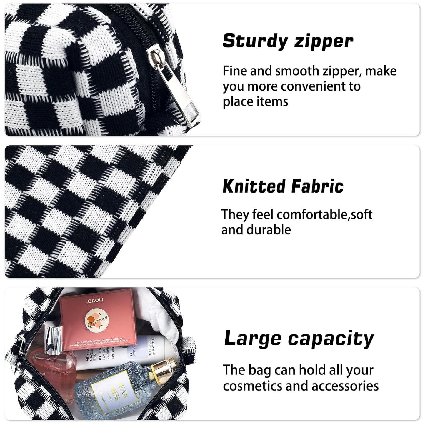 2Pcs Checkered Pencil Case Cute Pencil Pouch for Teens Checkered Makeup Bag Travel Cosmetic Bag Set Cute Makeup Pouch for Purse Portable Zippered Skincare Bags Preppy Toiletry Bags Organizer(Black)