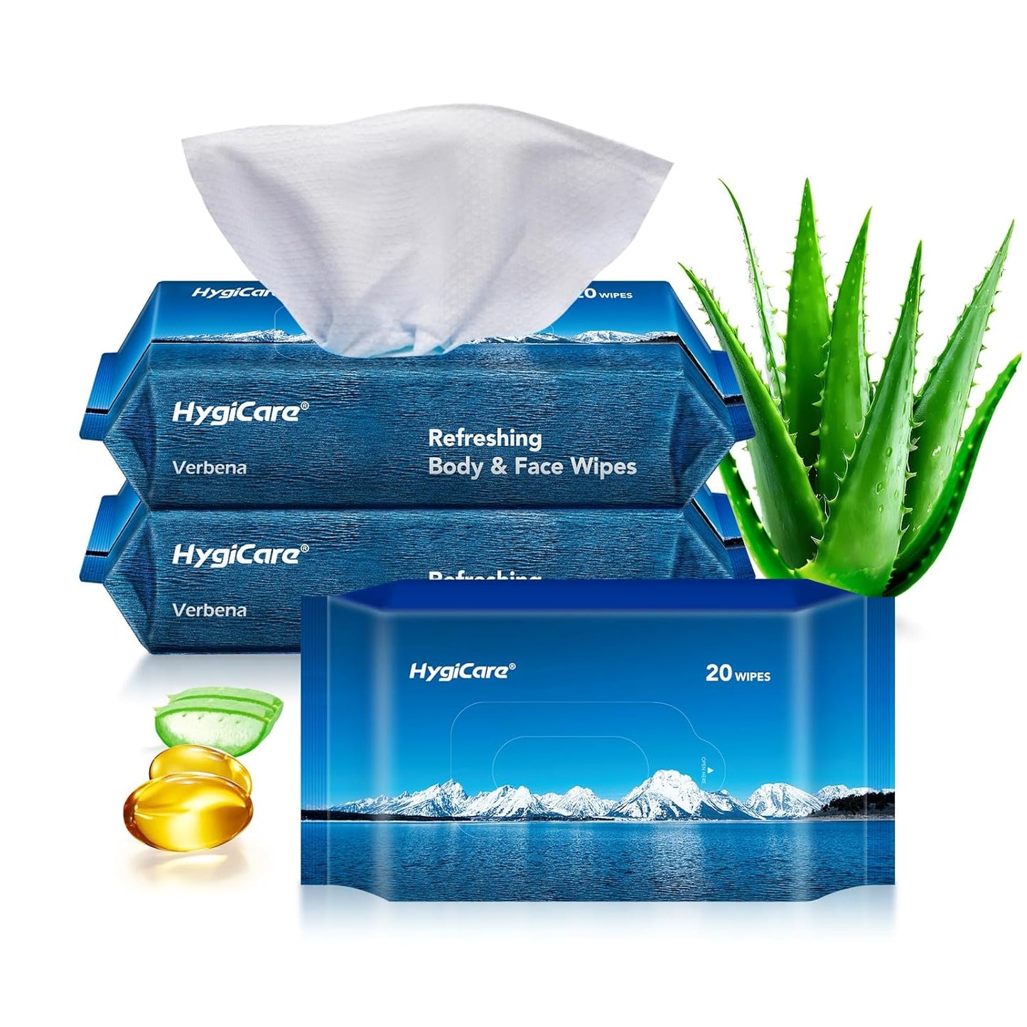 Bamboo Body & Face Wipes for Adults Bathing No Rinse, Shower Wipes 60 Count, 12"x8" Extra Thick, Verbena Scent, Biodegradable Disposable Washcloths for Travel, Elderly, Car, Gym, Camping