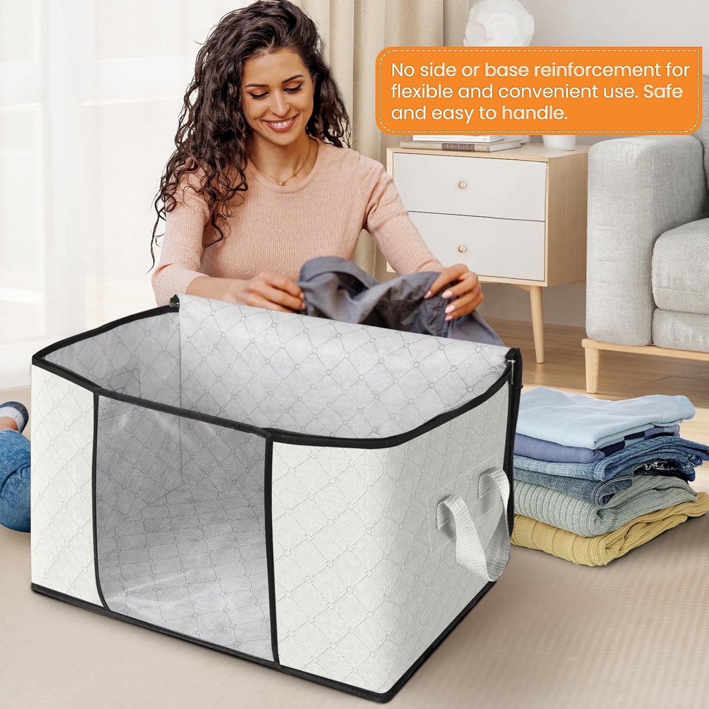 Fab totes 24 Gallons Clothes Storage, Foldable Thick Fabric Blanket Storage Bags, Containers for Organizing Bedroom, Closet, Clothing, Comforter, Organization with Handle (6 Pack,Ivory)