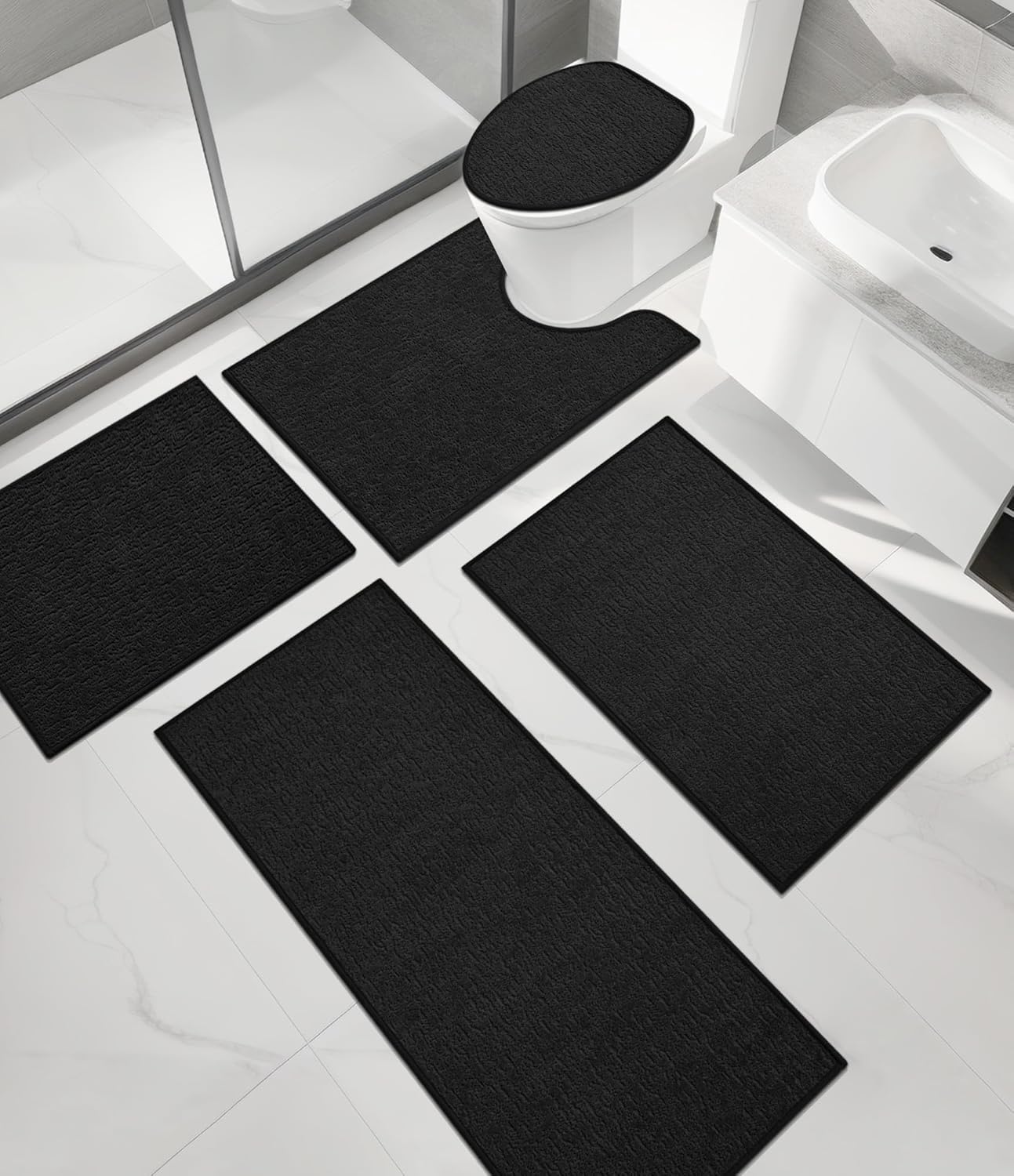 chakme Bathroom Rug Sets 5 Piece, Ultra Thin Bath Mat Quick Dry Bath Mat, Absorbent Bath Mat for Bathroom Non Slip Machine Washable, (Black)