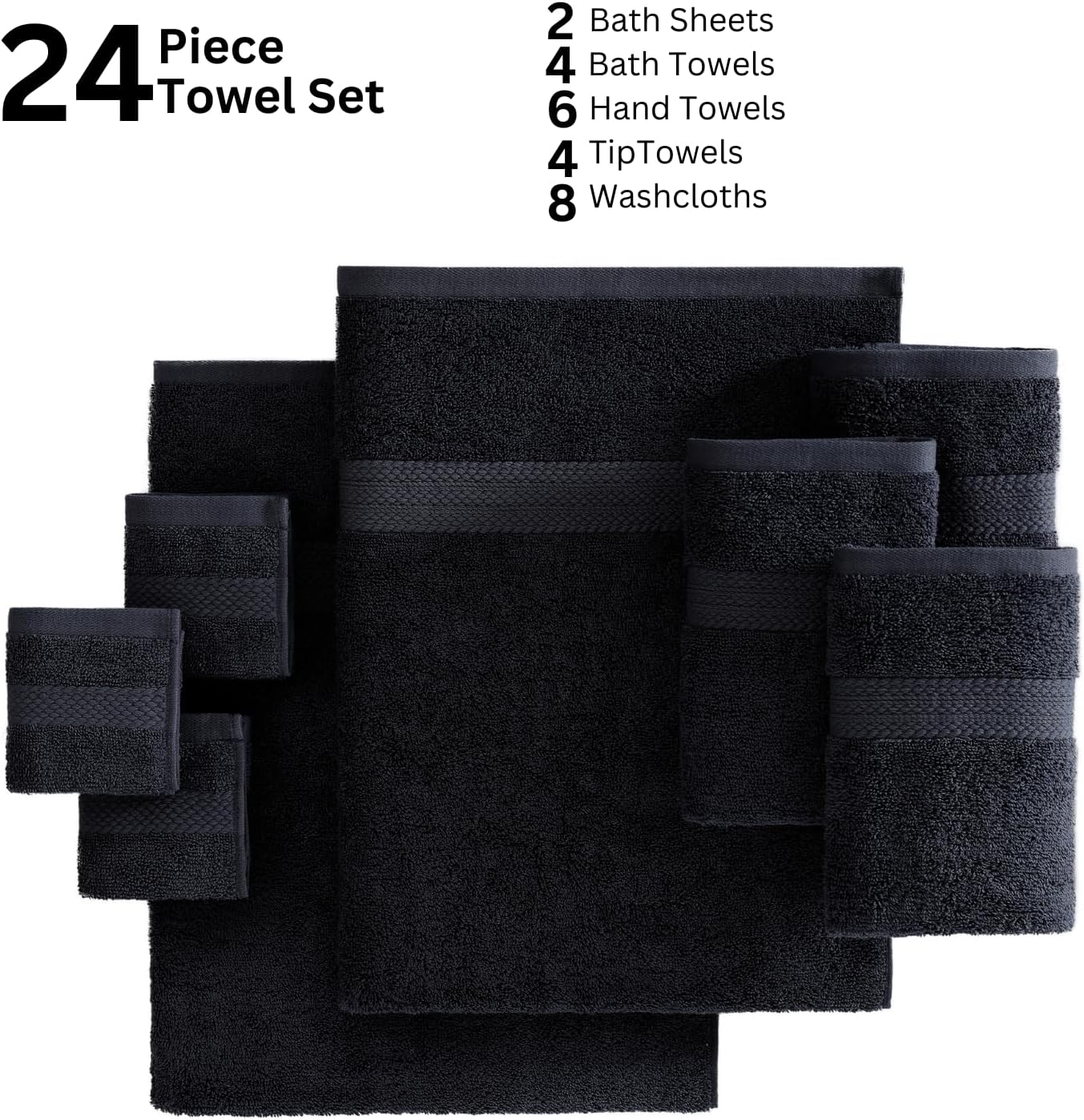 LANE LINEN 100% Cotton Bathroom Towel Set - 24 Pcs, Hotel Quality - Super Soft & Highly Absorbent - Ring Spun - 2 Bath Sheets, 4 Fingertip, 4 Bath, 6 Hand Towels, 8 Washcloths - Family Pack - Black