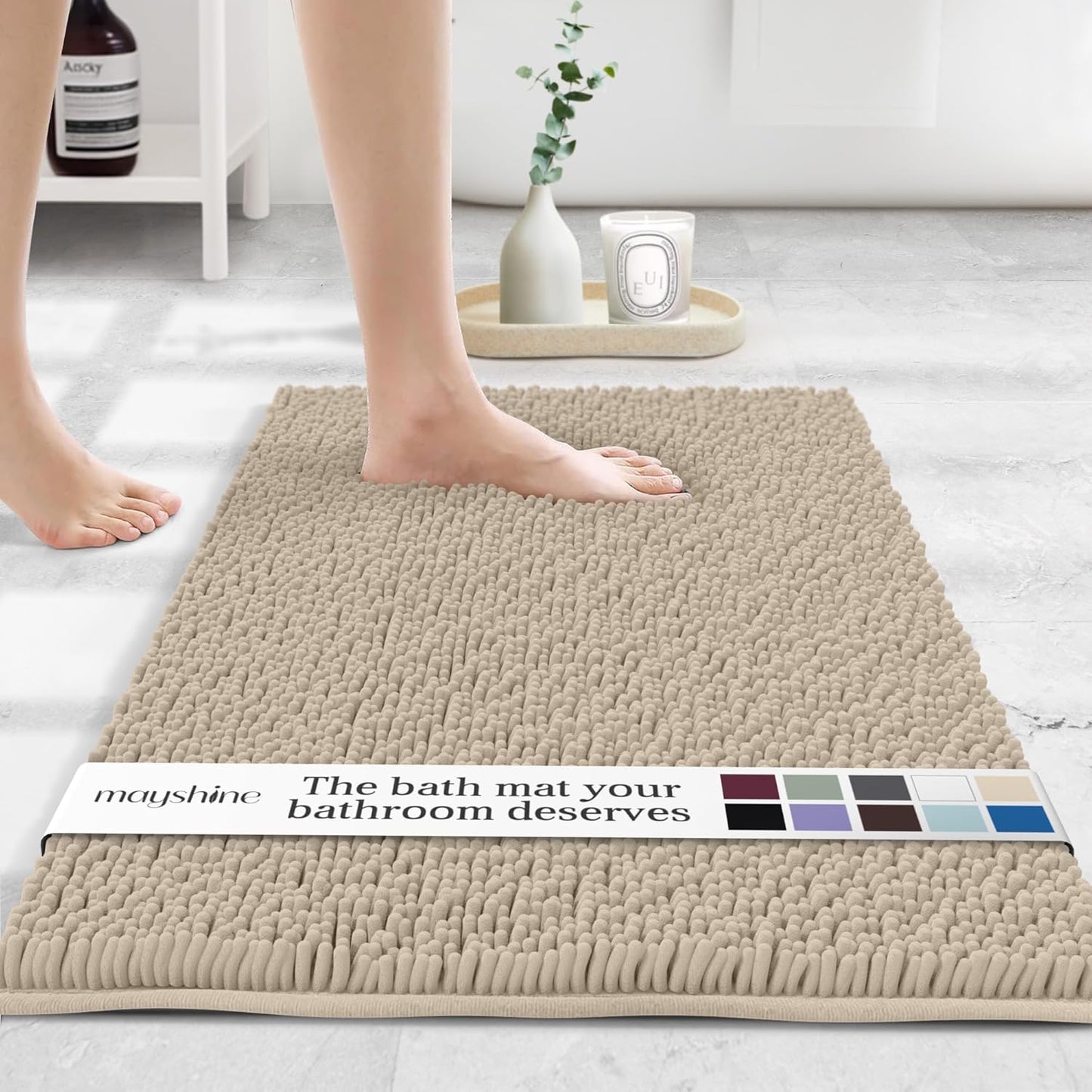 MAYSHINE Plush Shaggy Chenille Bath Mat | Extra Soft, Super Absorbent, Non-Slip Bathroom Rug | Fluffy Microfiber, Area Rug Sets for Bathroom Floor, Kitchen, Living Room | 39"x24" | Beige