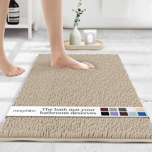 MAYSHINE Plush Shaggy Chenille Bath Mat | Extra Soft, Super Absorbent, Non-Slip Bathroom Rug | Fluffy Microfiber, Area Rug Sets for Bathroom Floor, Kitchen, Living Room | 39"x24" | Beige
