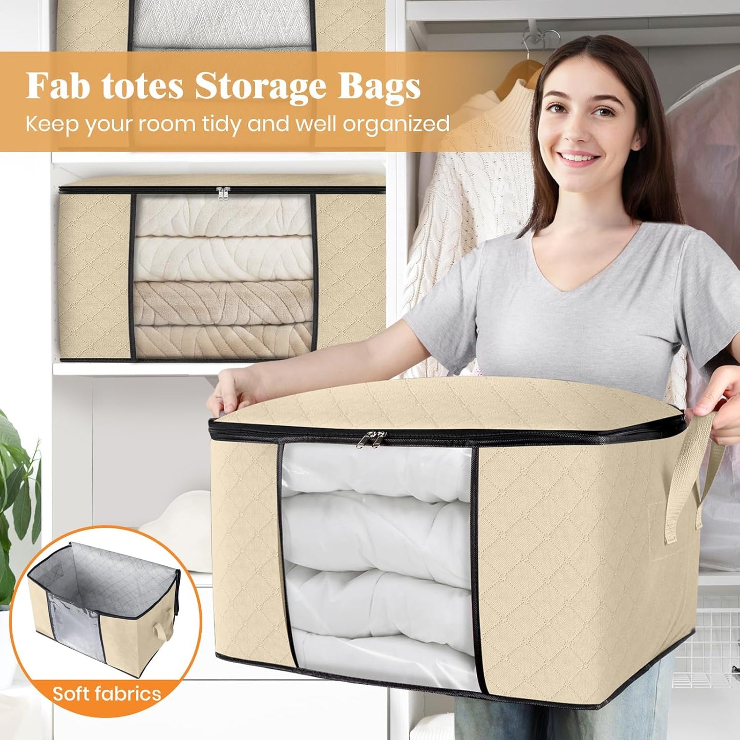 Fab totes 3 Pack Clothes Storage, Foldable Thick Fabric Blanket Storage Bags, Containers for Organizing Bedroom, Closet, Clothing, Comforter, Organization with Handle,Beige