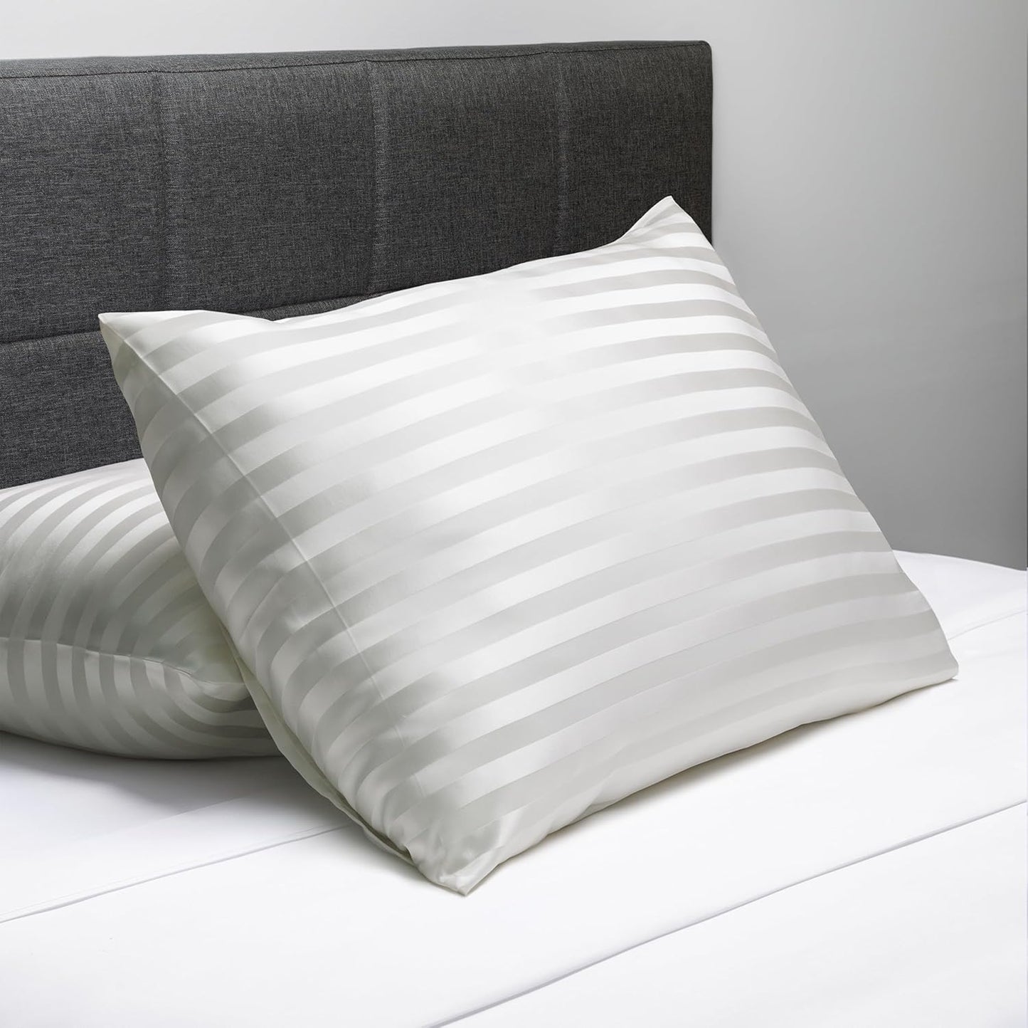 Fishers Finery 25mm 100% Pure Mulberry Silk Pillowcase Set (White Stripe King 2 Pack)