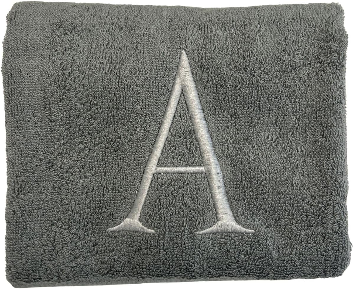 Gray Initial Hand Towel for Bathroom - Monogrammed Luxury Hotel Quality Decorative Embroidered Towel for Powder Room, Spa - GOTS Organic Certified - Set of 2 Silver Letter E