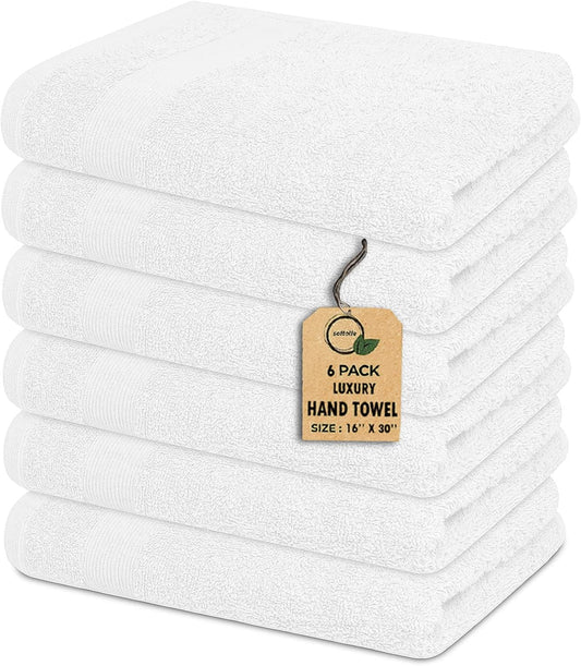 Premium Hand Towels Pack of 6 (16" x 30”) 100% Combed Ring Spun Cotton | Highly Absorbent Hand Towels Set | Ultra Soft for Home, Gym & Spa (White)