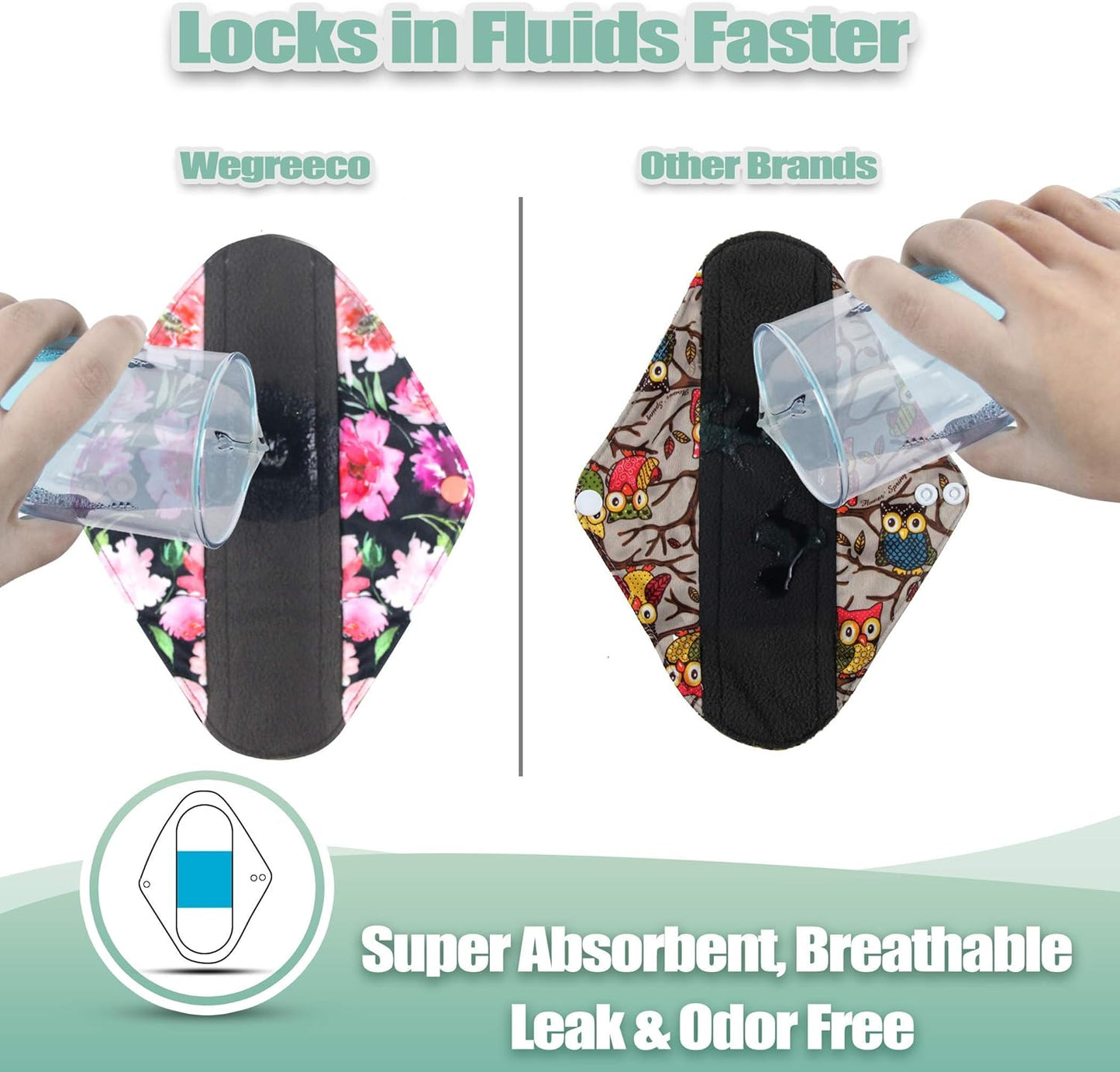 Wegreeco Reusable Menstrual Pads - Soft Cloth Sanitary Pads & Panty Liners - 6 Pack with 1 Cloth Mini Wet Bag (Large, Flower 02)