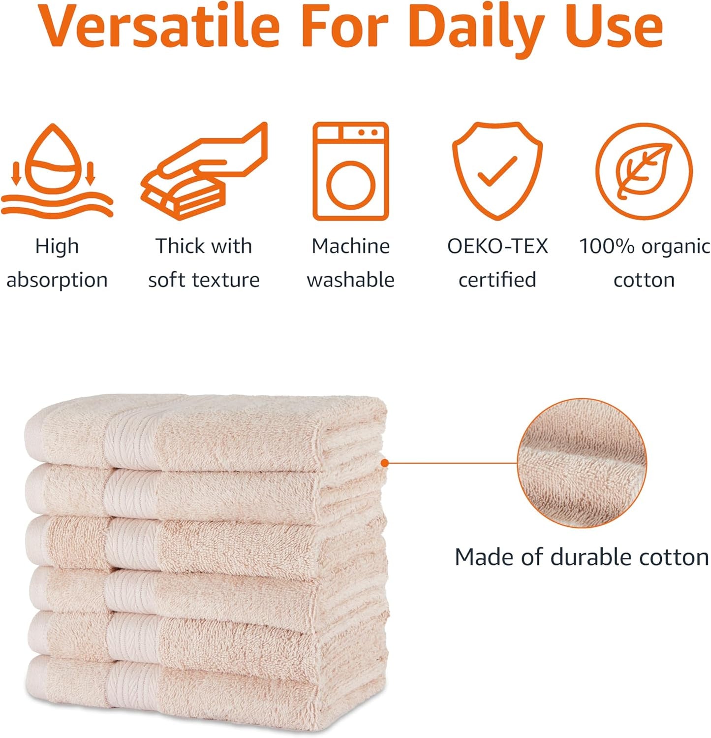 Amazon Basics Fade-Resistant 100% Cotton Hand Towel, 6 Pack, 16"x26", Blush Pink