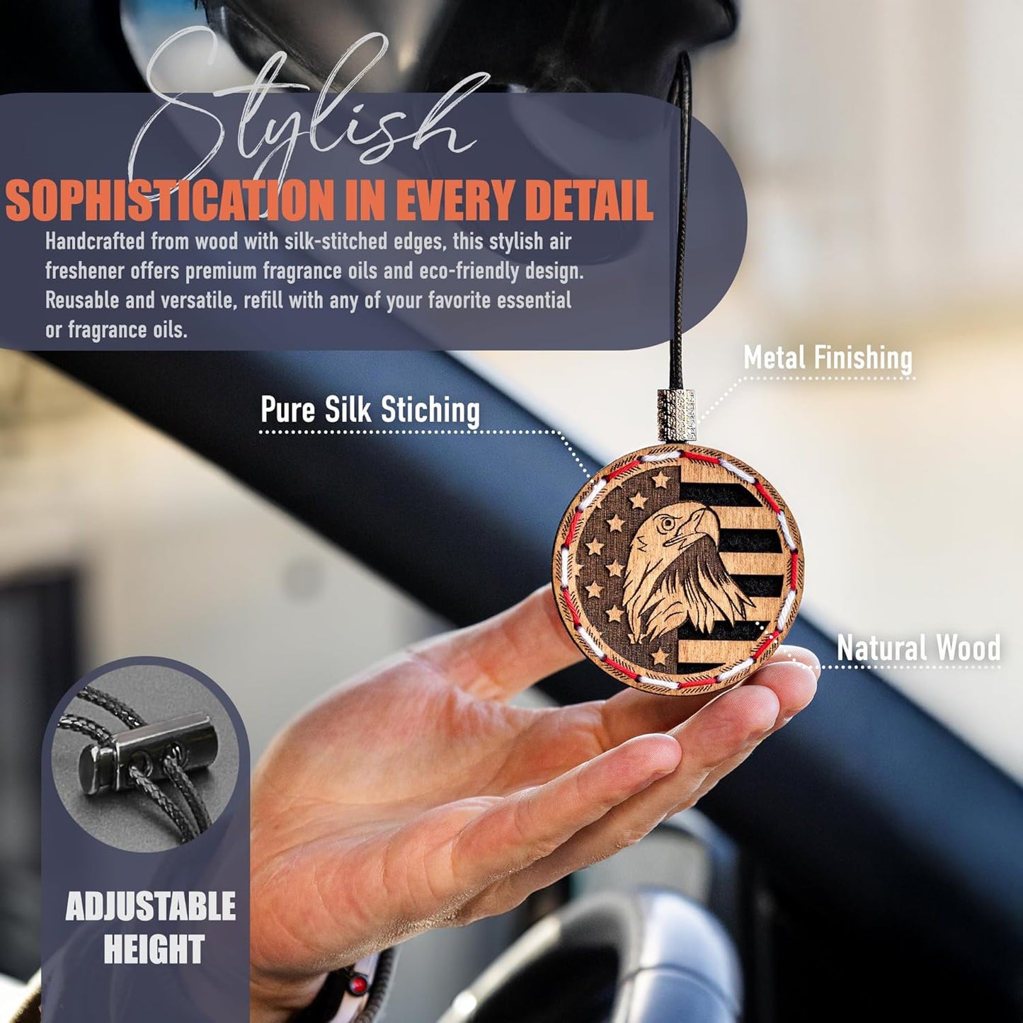 Wood Car Air Freshener — Handcrafted Air Freshener — American Flag Hanging Fragrance Oil Diffuser in Wooden Gift Box — Christmas Gift for Car with Mountain Rain Fragrance Oil - 10 ml