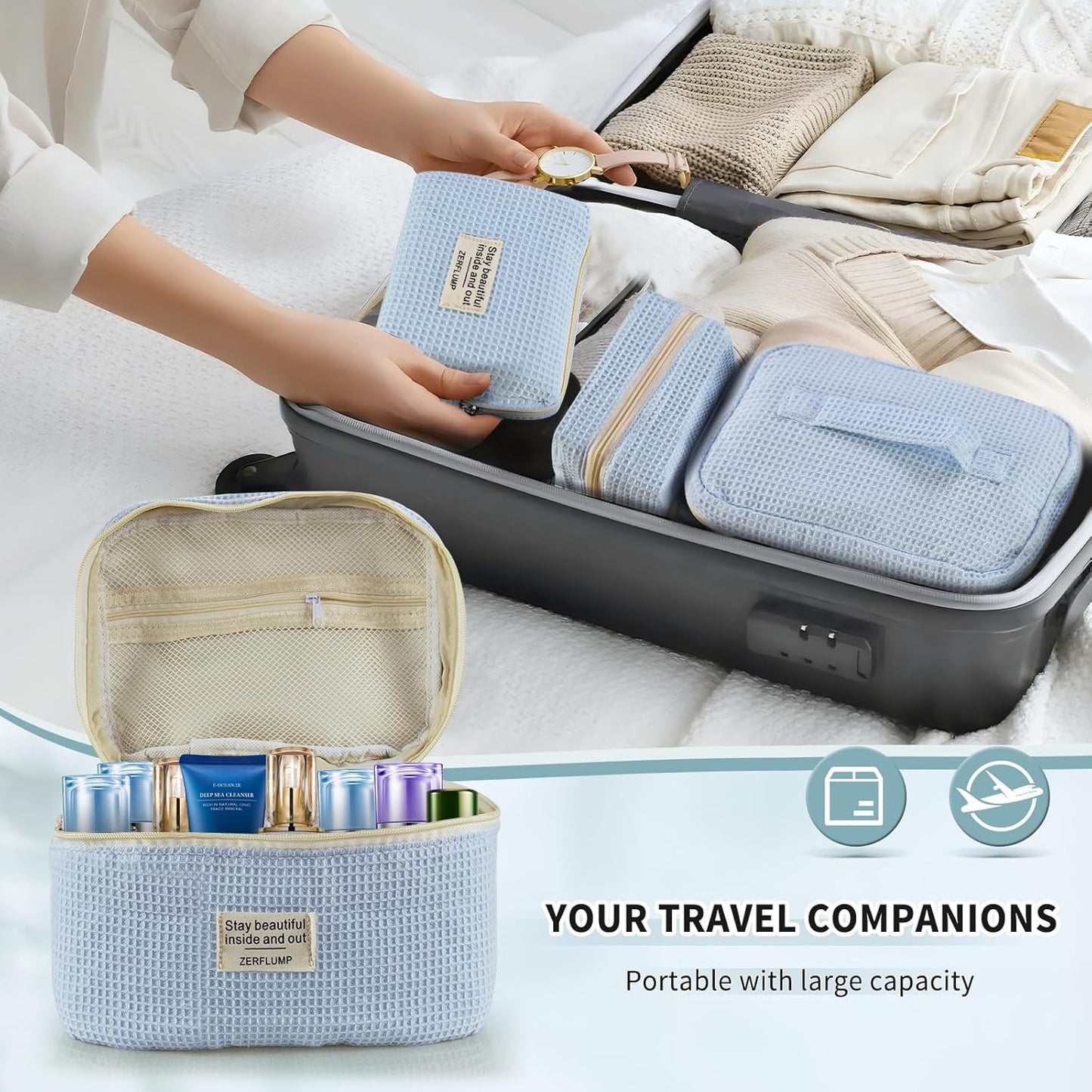 Cute Quilted Floral Makeup Bag(3Pcs)，Coquette Aesthetic Cosmetic Bag，Travel Toiletry Bags， Kawaii Aesthetic pouch for Women (92 - Blue)