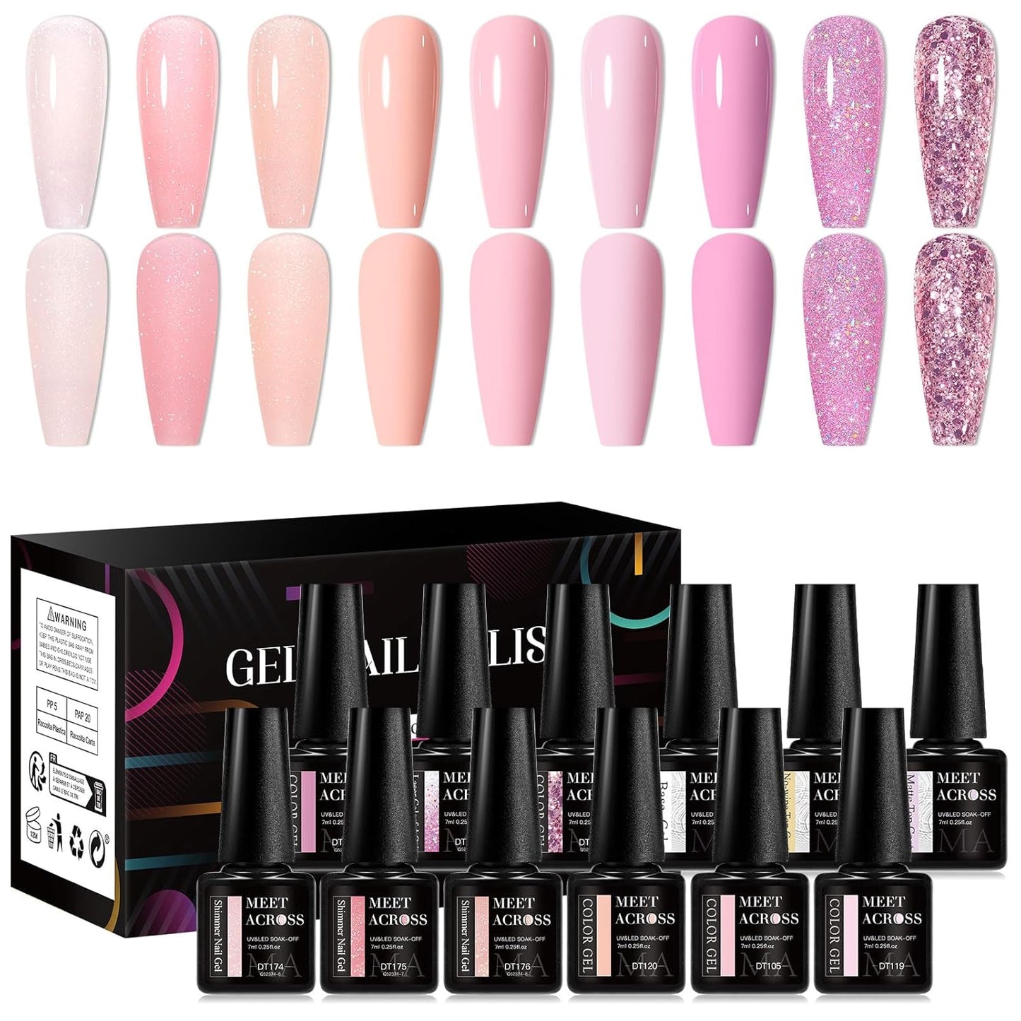 MEET ACROSS 9 Colors Gel Nail Polish + 3PCS Function Gel Nail Polish Kit,Fashion Nail Art Set Design Gifts for Women Manicure Salon (SET3, 12pcs)