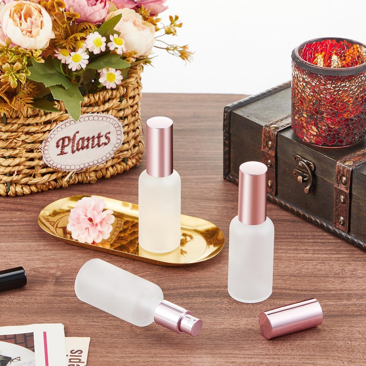 Roshtia 30 Pcs 1.69 oz/ 50 ml Rose Gold Glass Spray Bottle Refillable Perfume Atomizer Clear Decorative Empty Bottles with Fine Mist Sprayer Pump for Face Body Travel