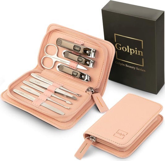 9 Pcs Manicure Kit for Men & Women – Stainless Steel Tools with Pink Travel Nail Kit Case, Nail Clippers, Cuticle Pusher, File, Gift Ready Women & Mens Manicure Set