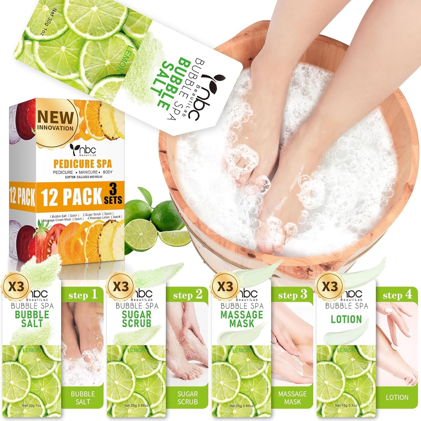Pedicure Kit Foot Soak Set: Bubble Salt, Sugar Scrub, Massage Mask, Massage Lotion in a Box, 4 Step Foot Spa Kit for Dry Feet, Calluses and Tired Feet(3 Set Lemon)
